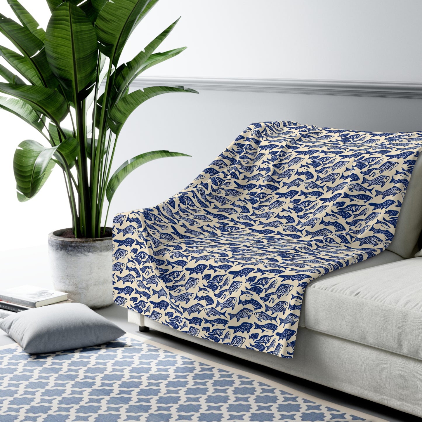 Nautical Sherpa Fleece Blanket, Cozy Sea Life Throw, Perfect for Beach Lovers