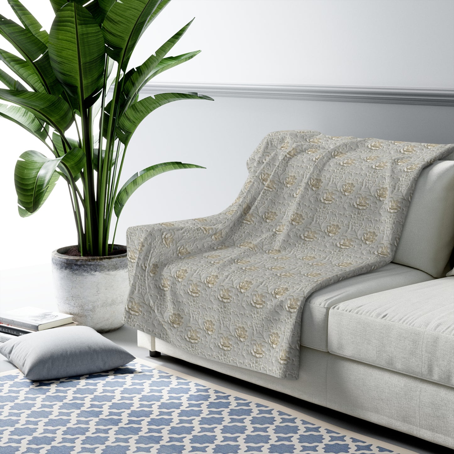 Sherpa Fleece Blanket - Wedding Pattern Silky White Yellow Hints