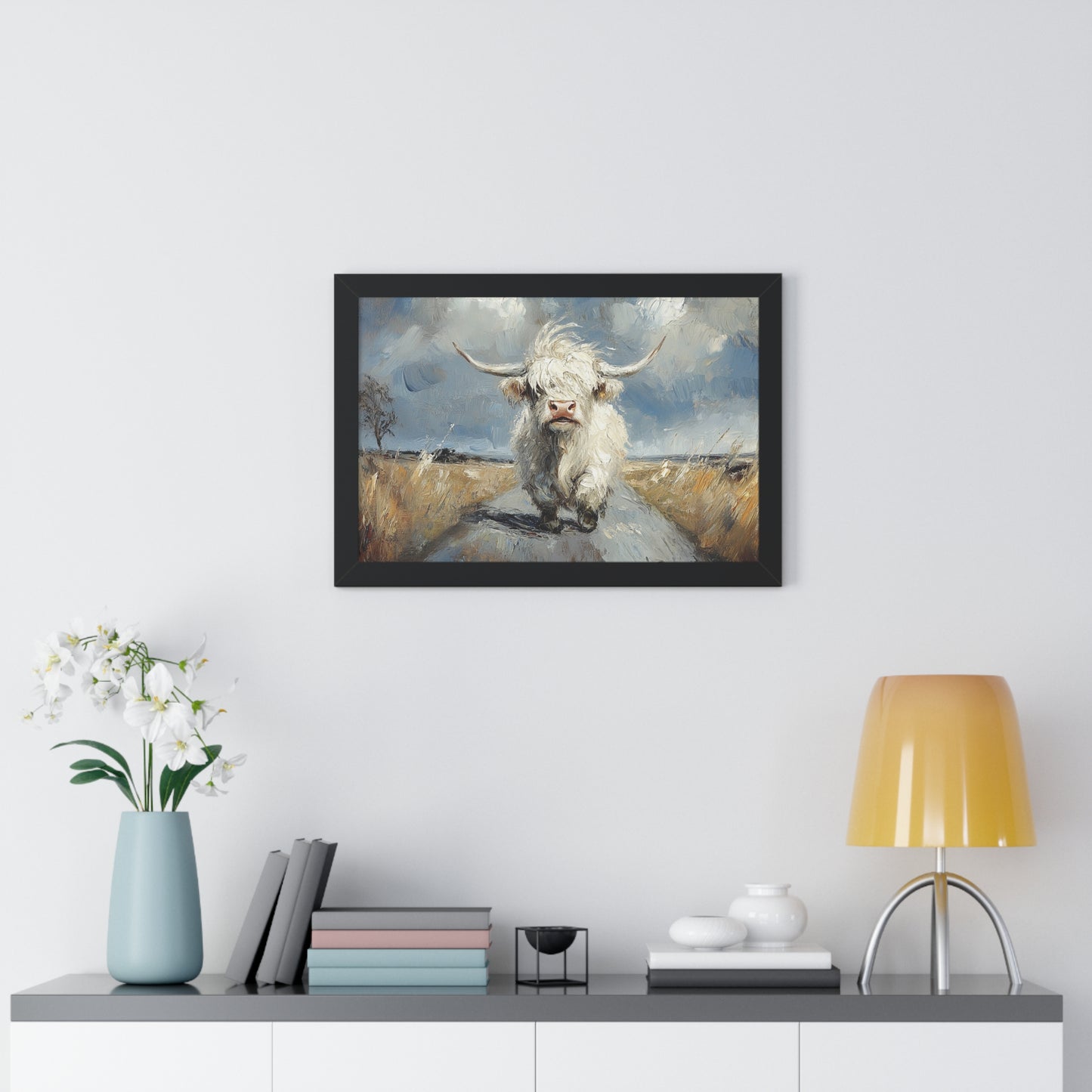 Poster - Cute White Highland Cow Running Down Road Escapee