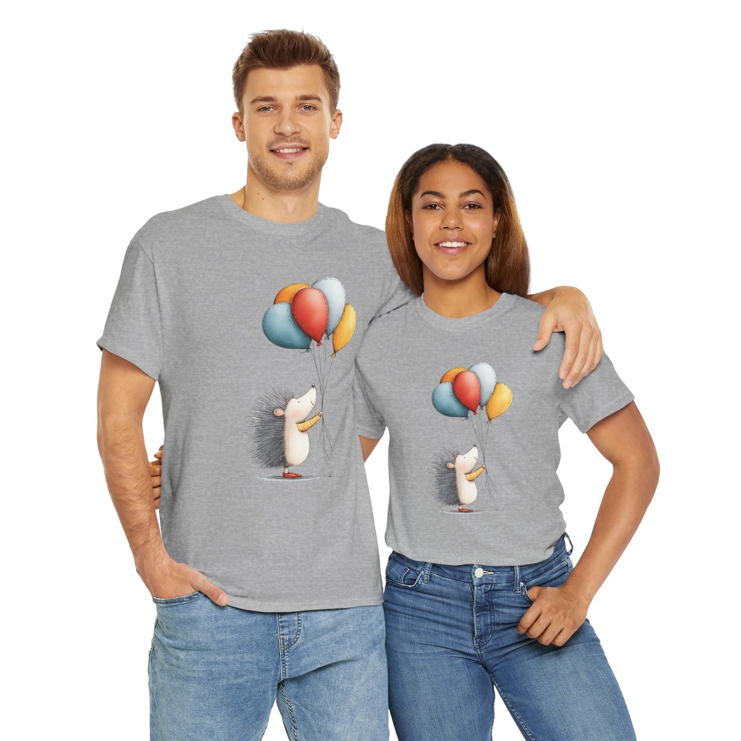 Adorable Hedgehog Balloon Tee, Cute Animal T-Shirt, Unisex Casual Wear, Birthday Gift, Fun Graphic Top