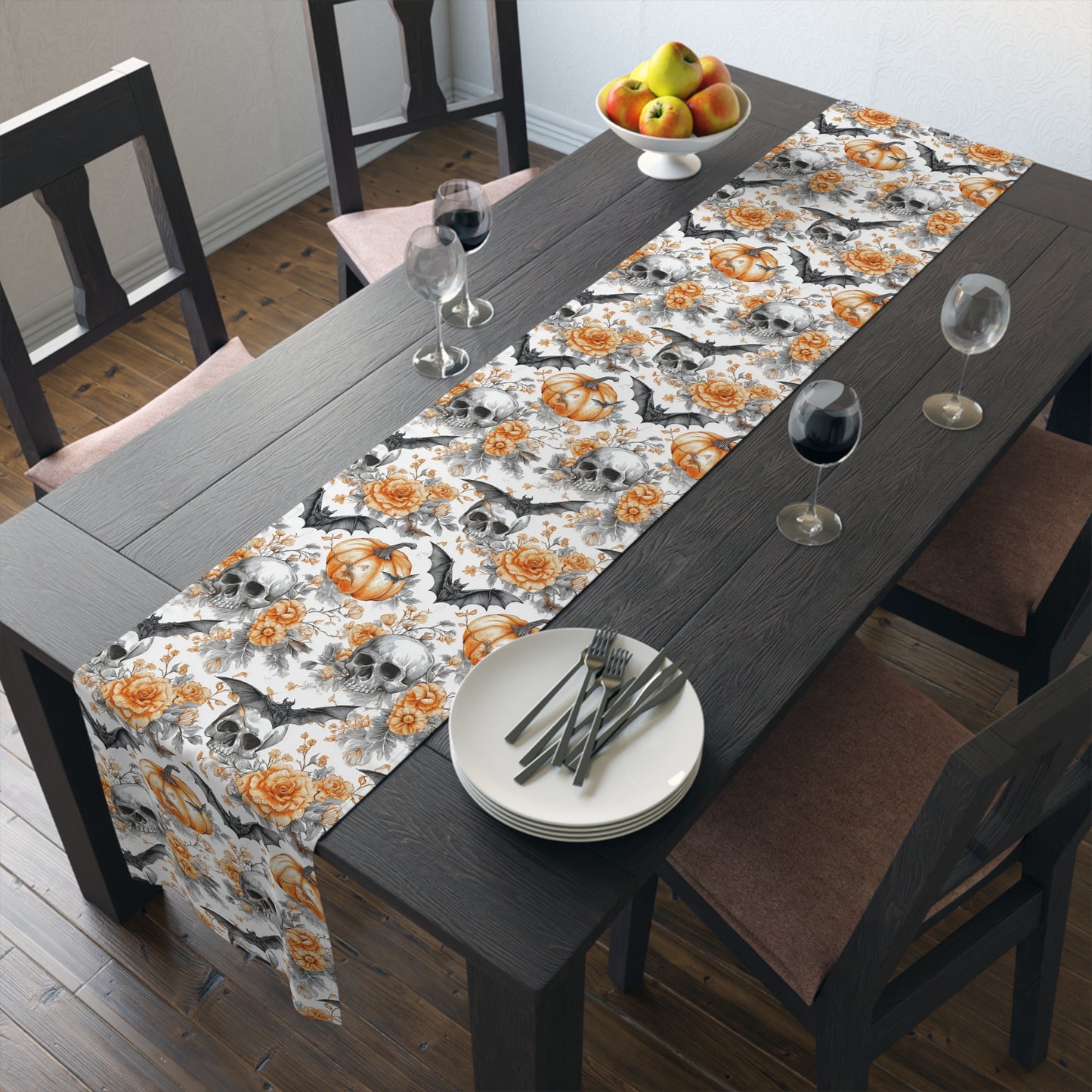 Halloween Themed Table Runner, Spooky Decor for Fall, Gothic Home Accents, Pumpkin and Skull Design, Perfect for Parties