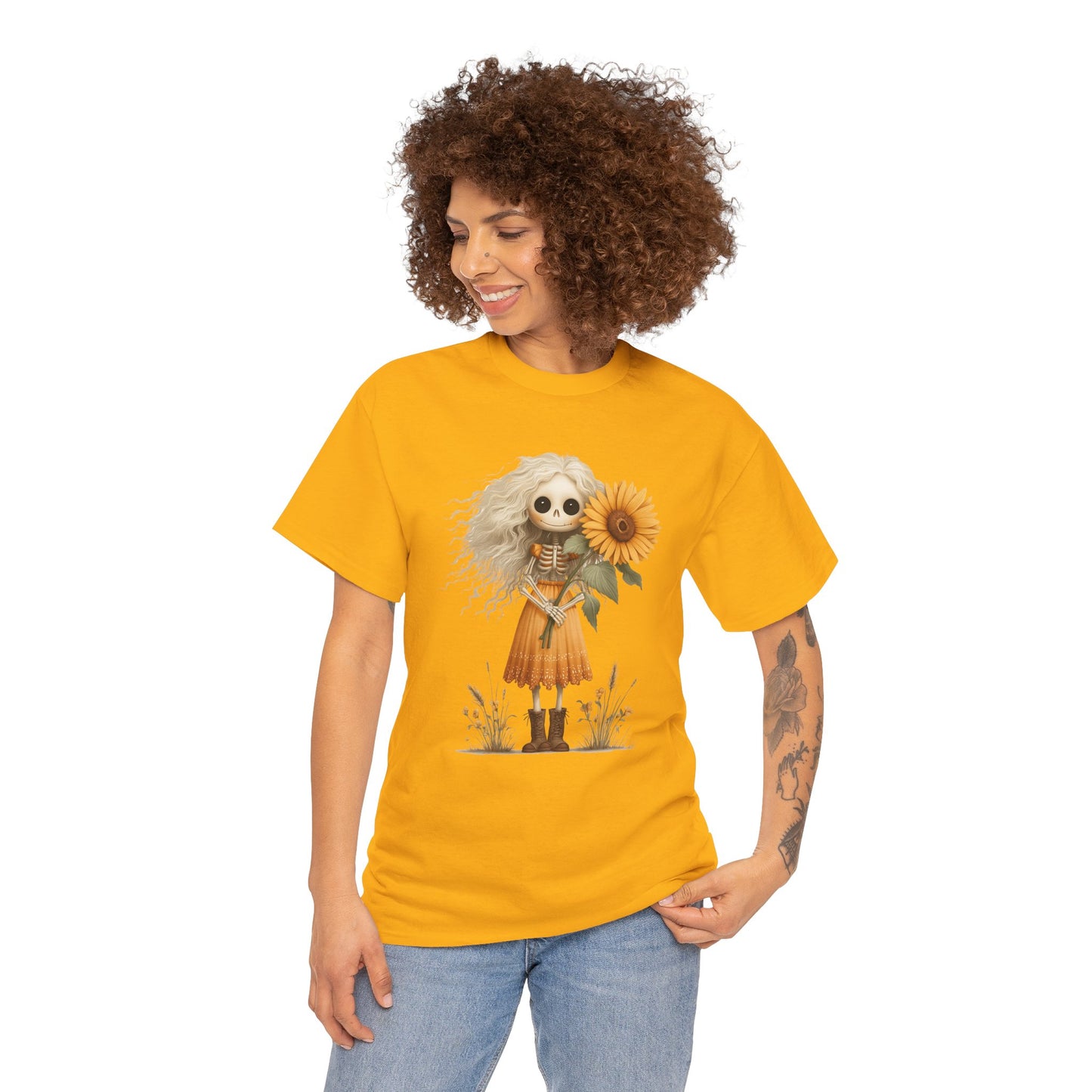 Sunflower Gothic Girl Unisex Cotton Tee, Boho T-Shirt, Gift for Autumn, Casual Wear, Harvest Festival Top, Halloween Shirt