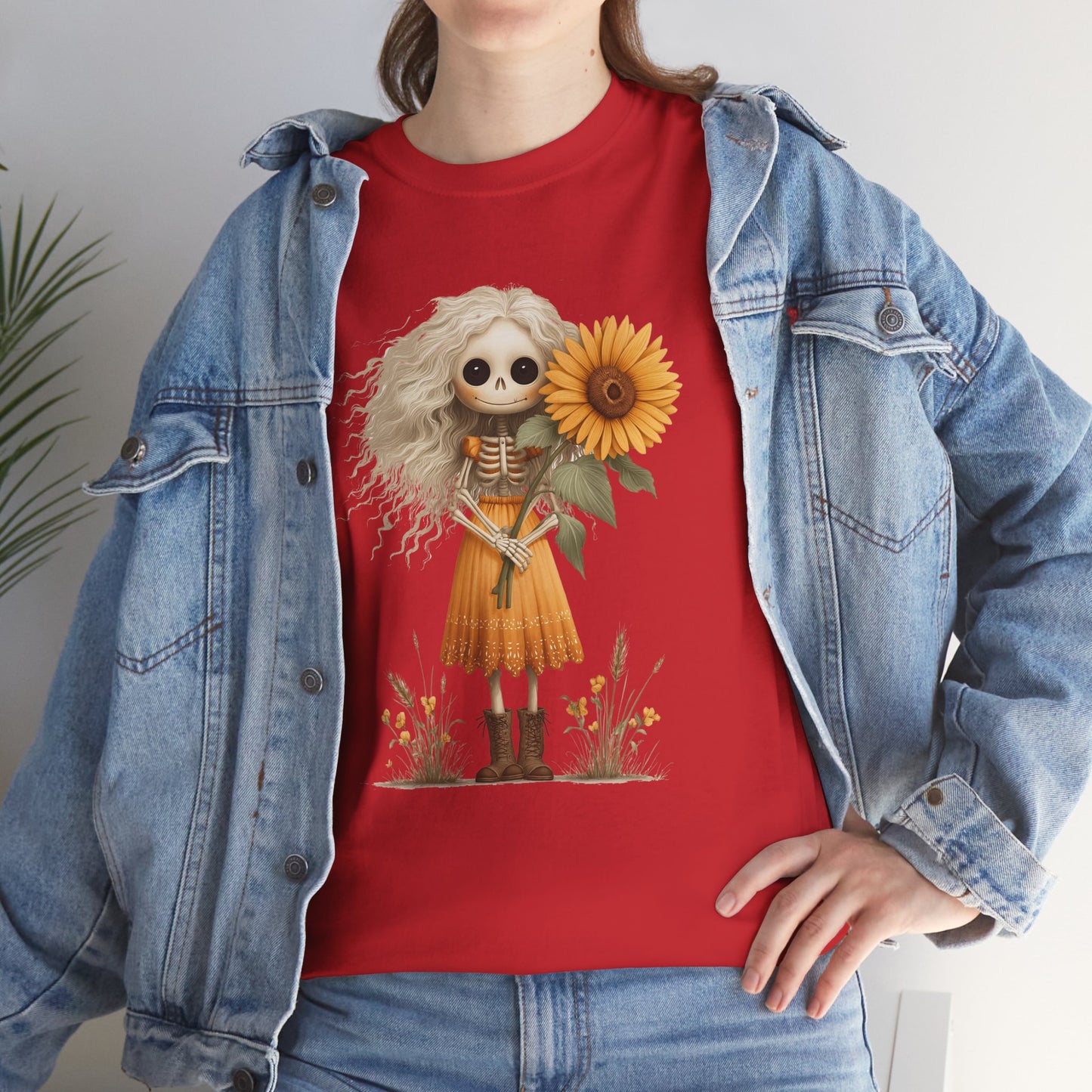Sunflower Gothic Girl Unisex Cotton Tee, Boho T-Shirt, Gift for Autumn, Casual Wear, Harvest Festival Top, Halloween Shirt