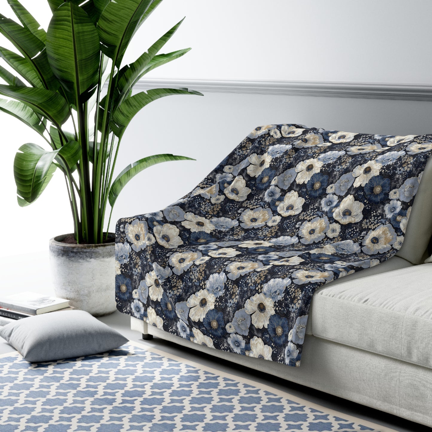 Dark Blues Floral Sherpa Fleece Blanket - Ideal Gift for Weddings, Birthdays, Housewarming