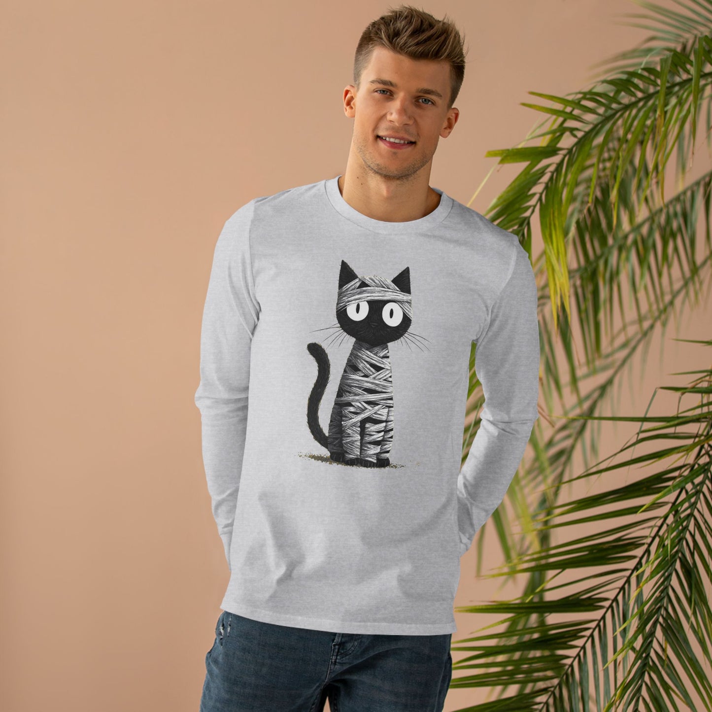 Men’s Cat Mummy Longsleeve Tee, Fun Halloween Shirt, Cat Lover Gift, Cozy Fall Fashion, Unique Graphic Tee