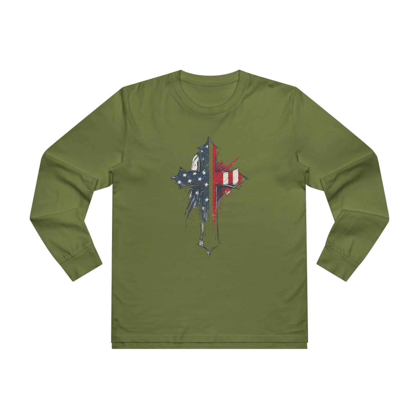 Patriotic Long Sleeve Tee with Distressed Flag Cross, USA Pride Shirt, Casual Wear, Gift for Veterans, Memorial Day, Independence Day
