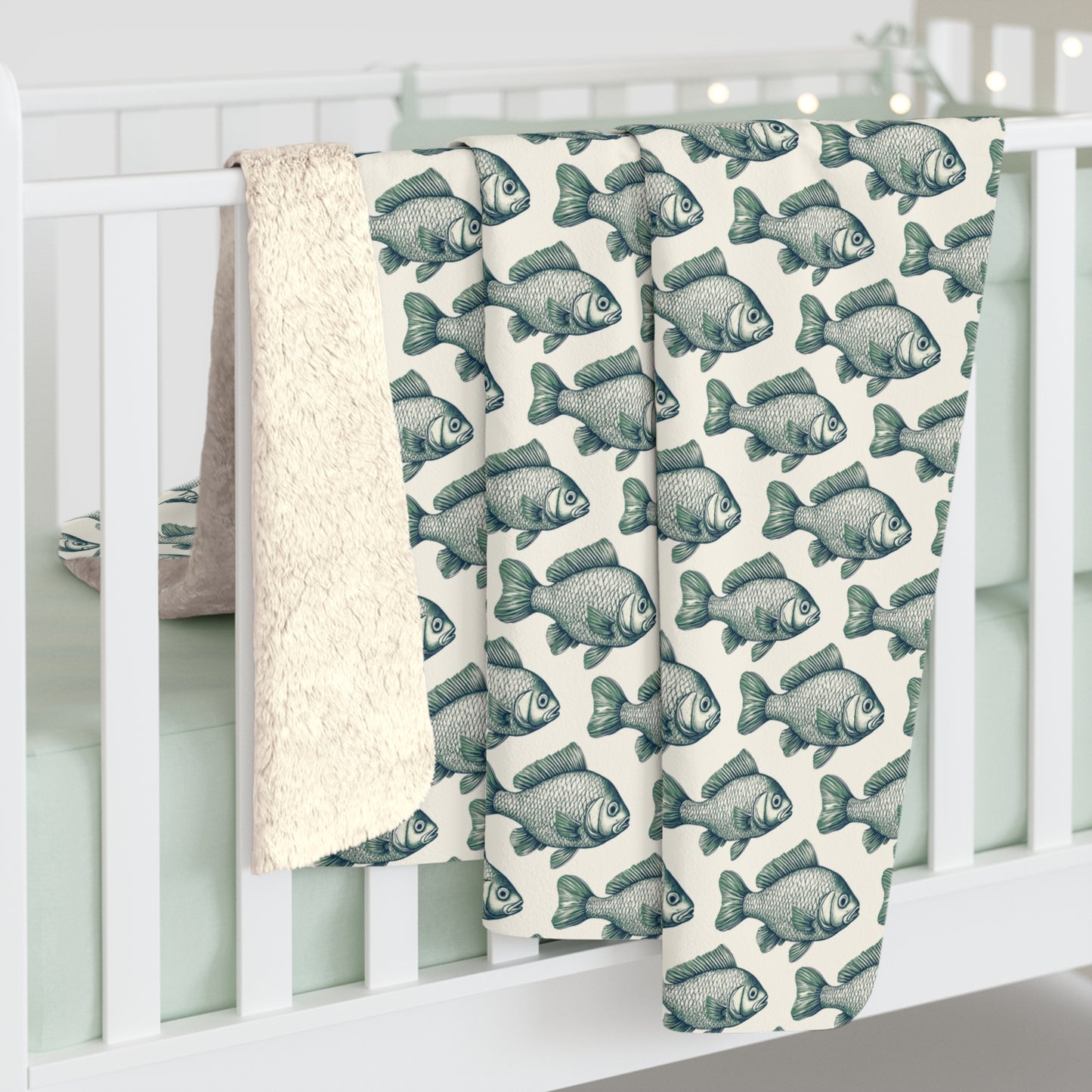 Cozy Green Minnow Fish Pattern Sherpa Fleece Blanket,Fishing Enthusiasts, Warm Throw Blanket
