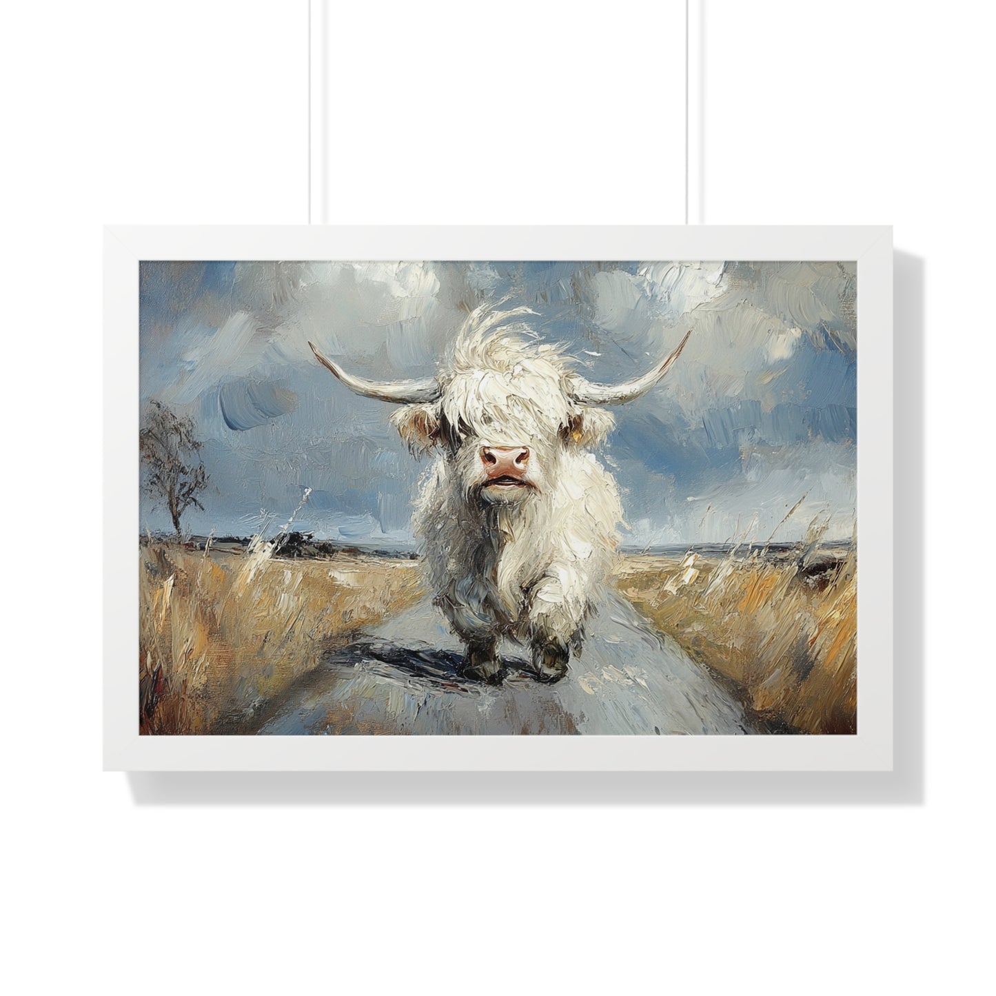 Poster - Cute White Highland Cow Running Down Road Escapee