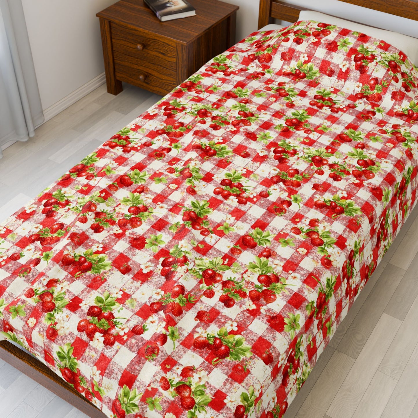 Cozy Strawberry Picnic Velveteen Plush Blanket, Soft Throw Blanket, Home Decor, Gift for All Occasions, Cozy Living Room Accessory