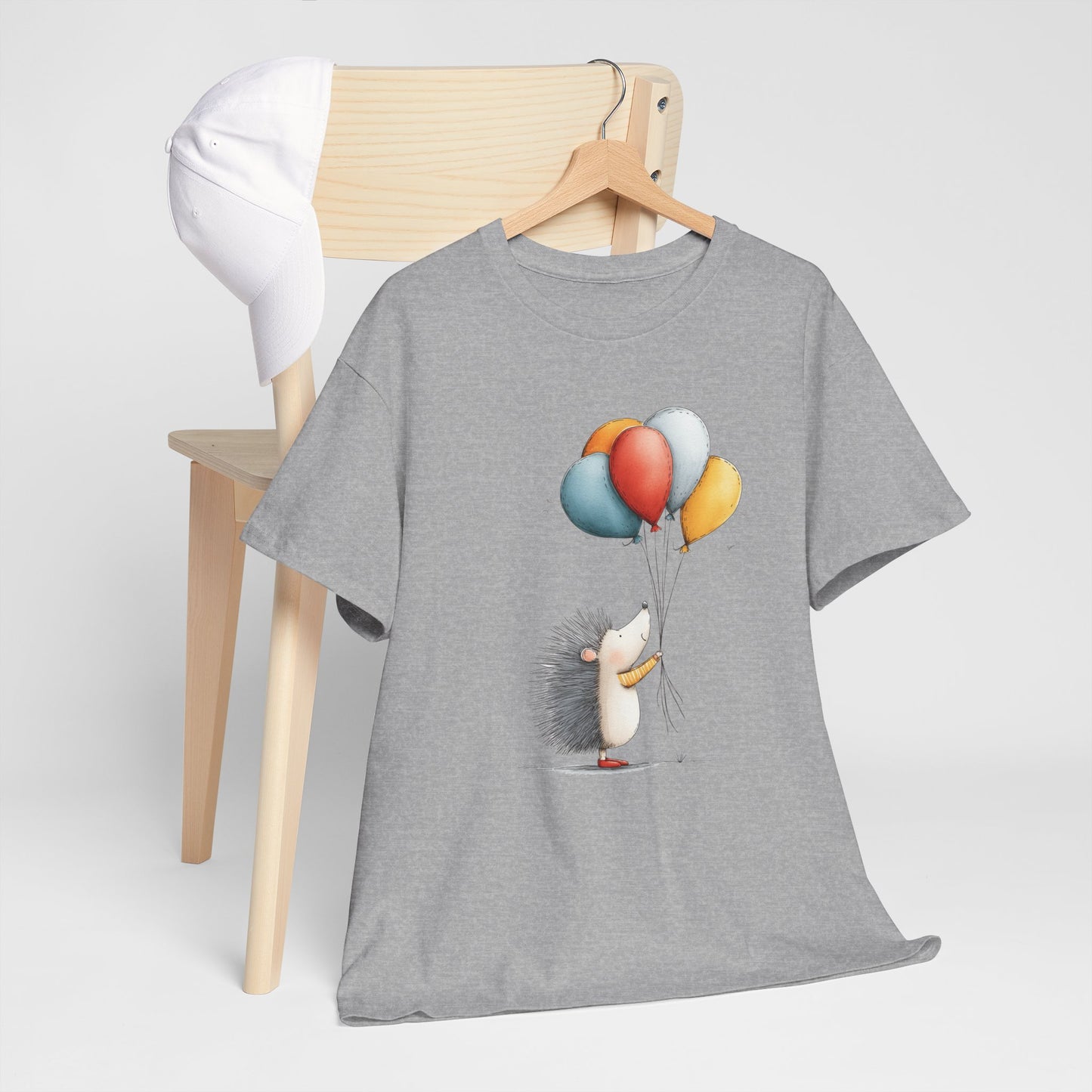 Adorable Hedgehog Balloon Tee, Cute Animal T-Shirt, Unisex Casual Wear, Birthday Gift, Fun Graphic Top