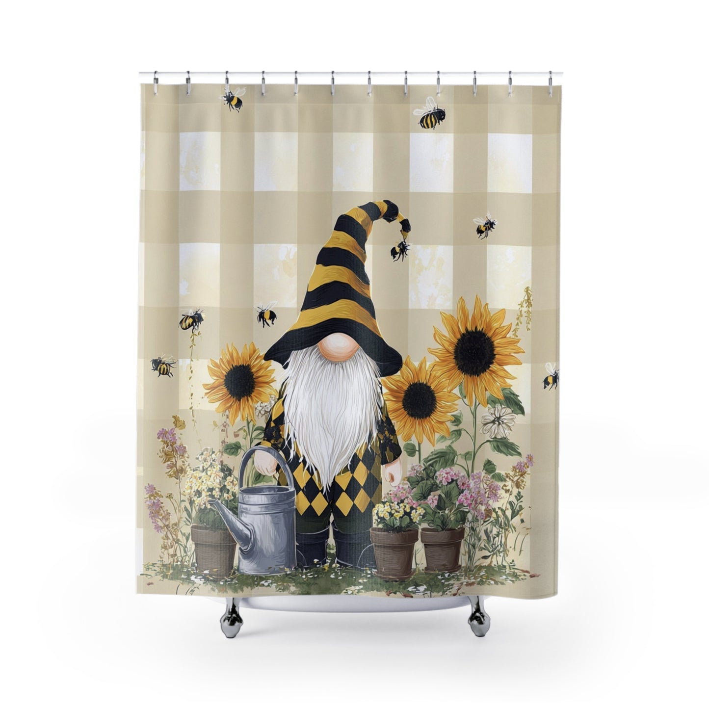 Sunny Gnome Shower Curtain, Bee Themed Home Accessory, Gift for Garden Lovers, Cute Bathroom Update