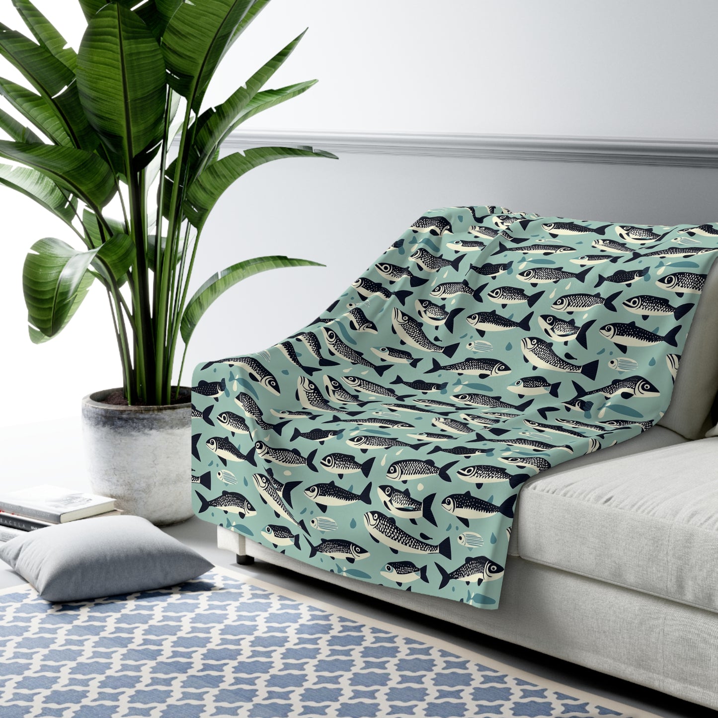 Fish Pattern Sherpa Fleece Blanket, Gift for Fishermen, Outdoor Lover's Blanket, Unique Blanket