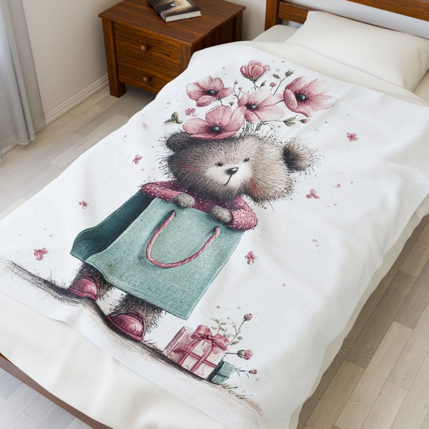 Adorable Floral Teddy Bear Velveteen Plush Blanket, Cozy Gift for Kids, Nursery Decor, Plush Throw, Baby Shower, Birthday