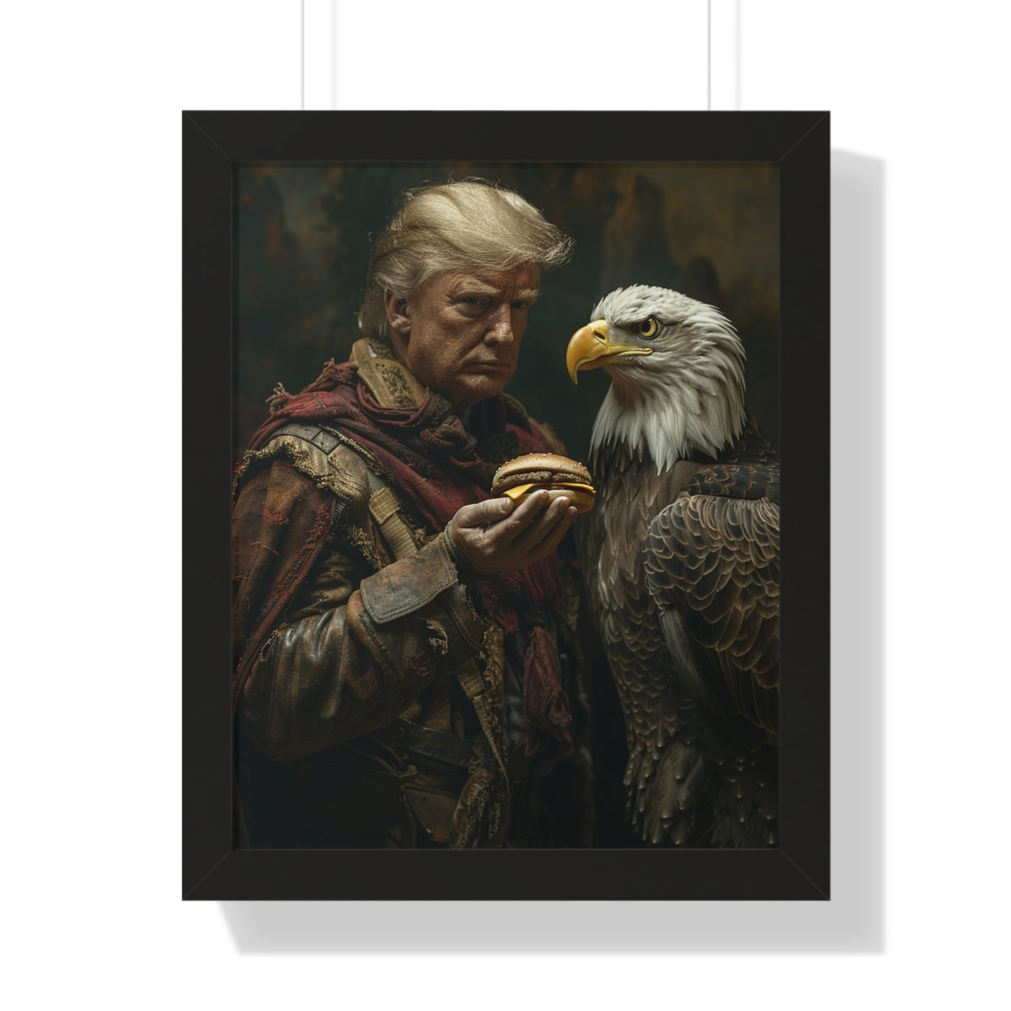 Donald Trump Framed Vertical Poster - Patriotic Wall Art, American Decor, Unique Gift, Home Office Decor, Eagle & Burger Design