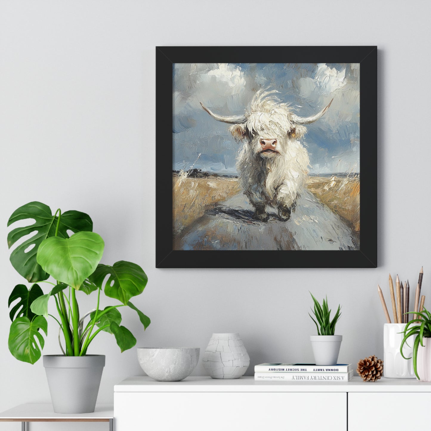Poster - Cute White Highland Cow Running Down Road Escapee