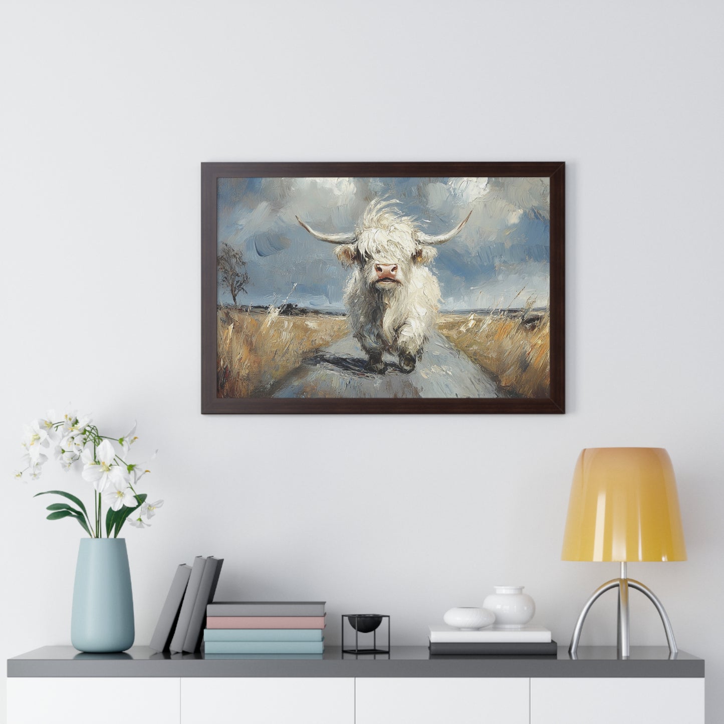 Poster - Cute White Highland Cow Running Down Road Escapee