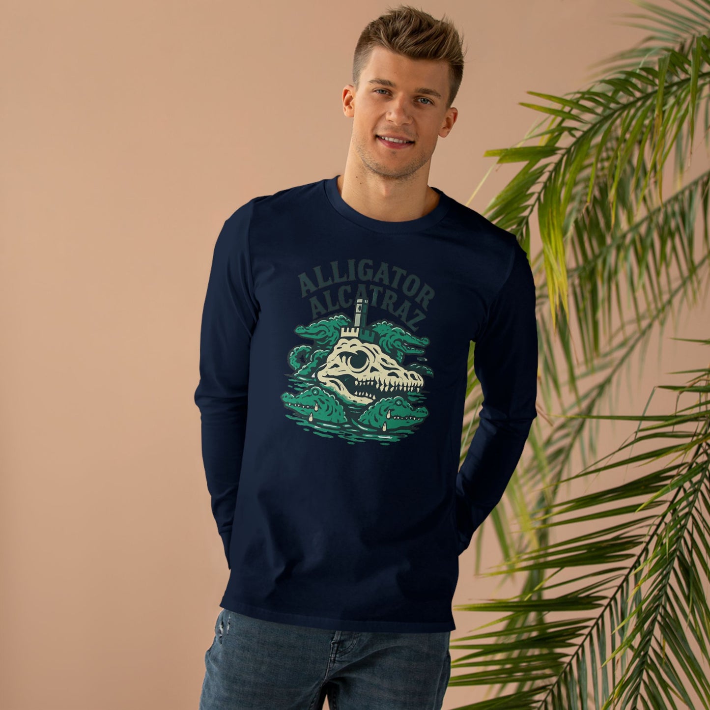Alligator Alcatraz Longsleeve Tee for Men | Casual Style, Gift for Adventurers, Unique Graphic Tee, Eco-Friendly Fashion, Perfect for Travel