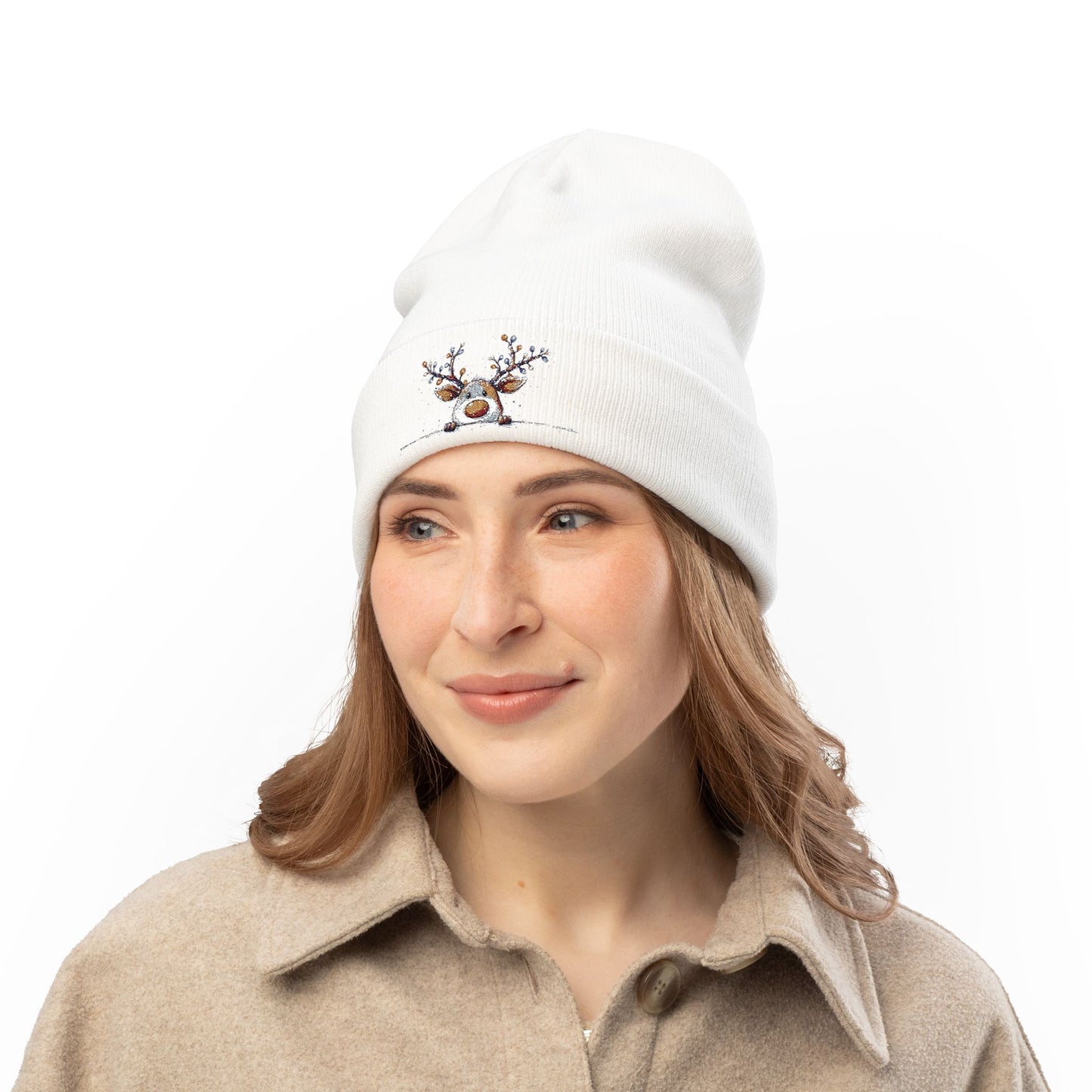 Beanie Hat - Peeking Rudolf with Christmas Lights Embroidered