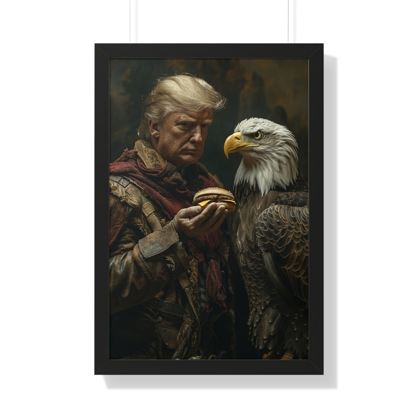 Donald Trump Framed Vertical Poster - Patriotic Wall Art, American Decor, Unique Gift, Home Office Decor, Eagle & Burger Design
