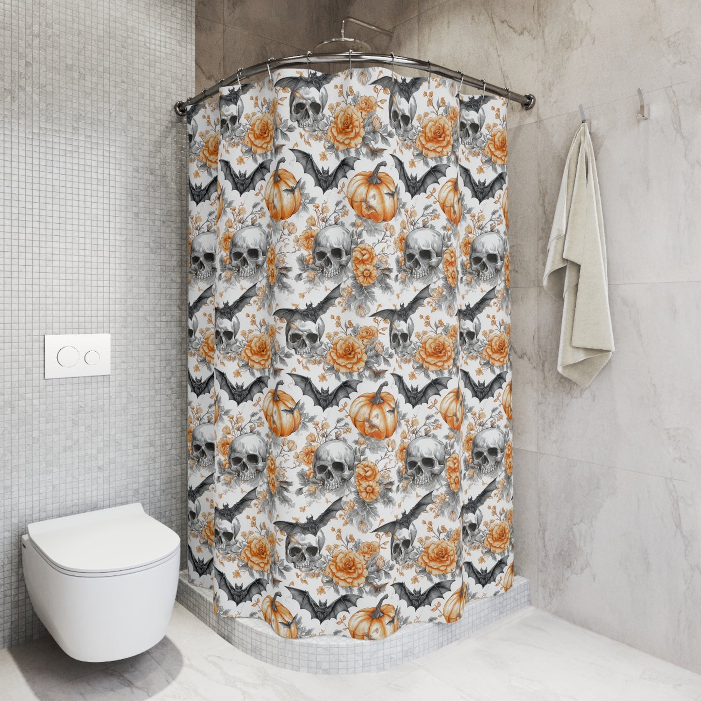 Spooky Floral Shower Curtain with Skulls and Pumpkins, Halloween Decor, Bathroom Accessory, Gift for Halloween Lovers