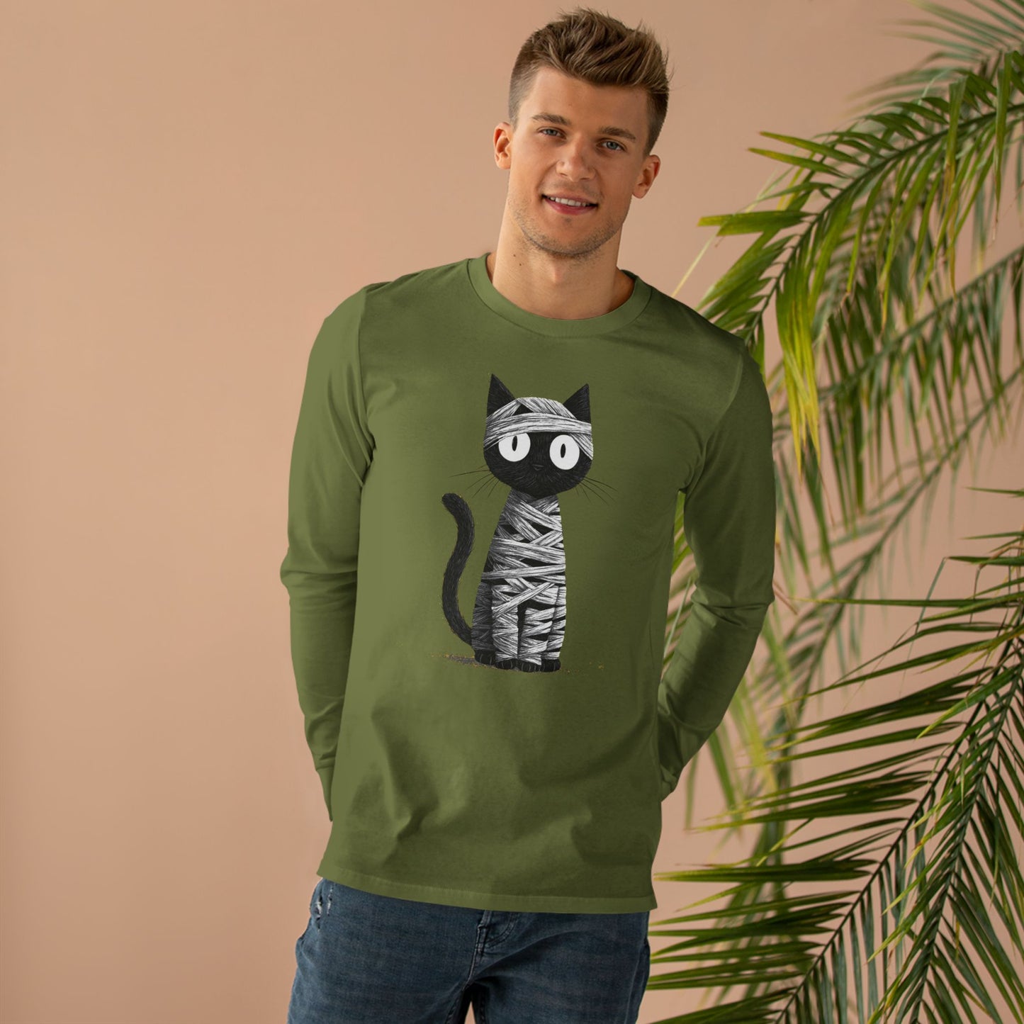 Men’s Cat Mummy Longsleeve Tee, Fun Halloween Shirt, Cat Lover Gift, Cozy Fall Fashion, Unique Graphic Tee
