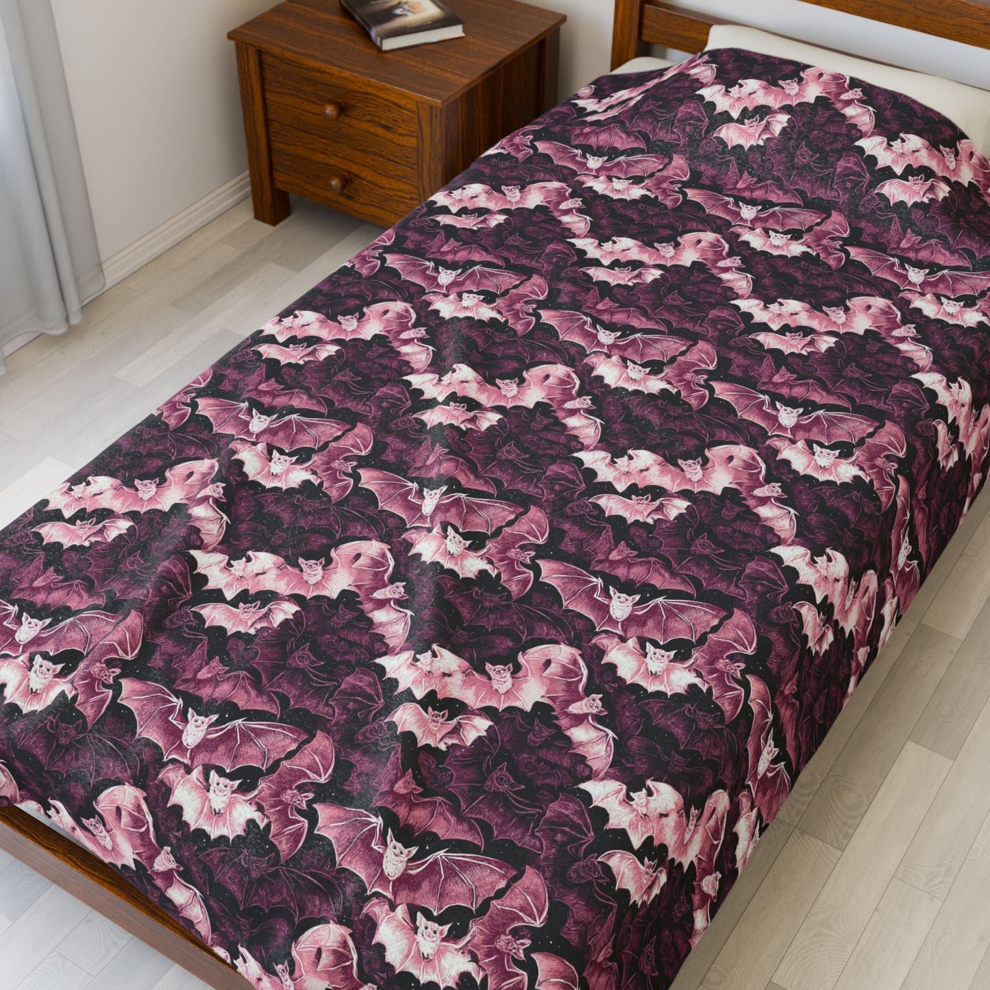 Cozy Pink Halloween Bats Velveteen Plush Blanket with Botanical Design | Perfect for Home Decor, Gifts, Girl Grunge