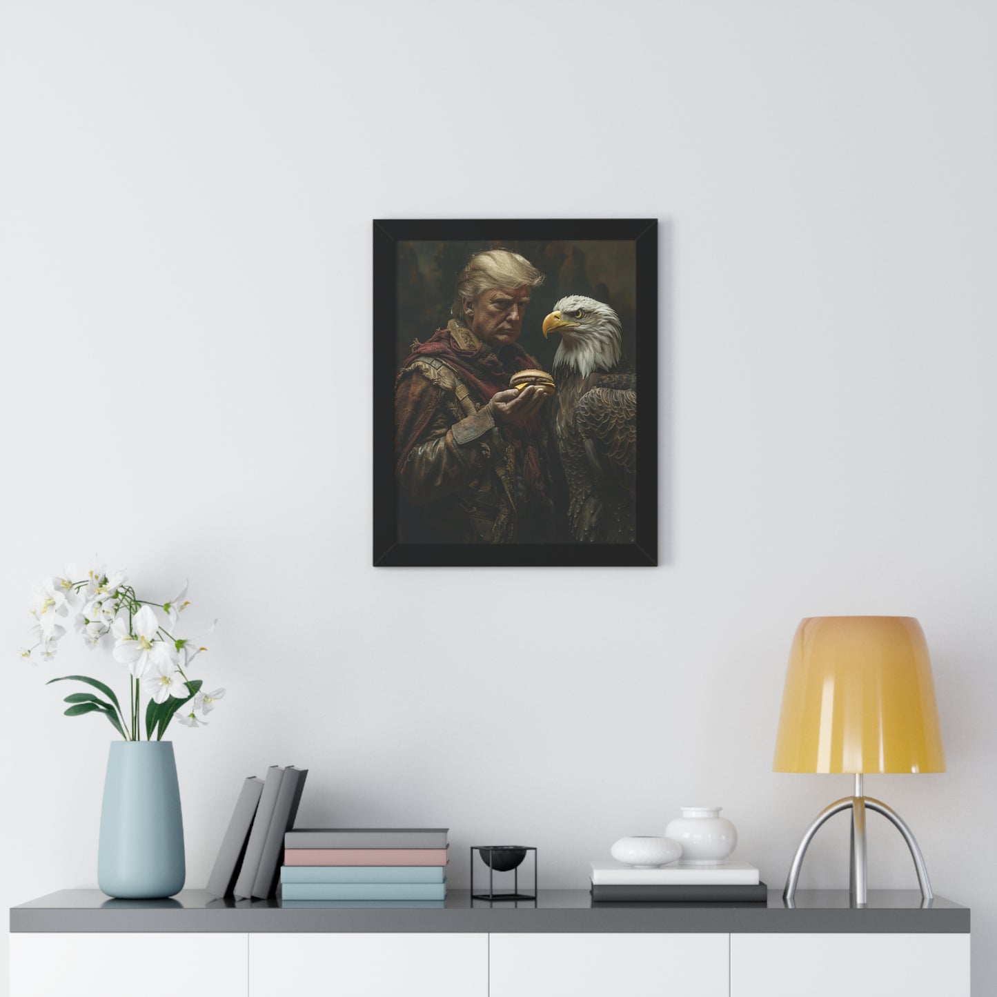 Donald Trump Framed Vertical Poster - Patriotic Wall Art, American Decor, Unique Gift, Home Office Decor, Eagle & Burger Design