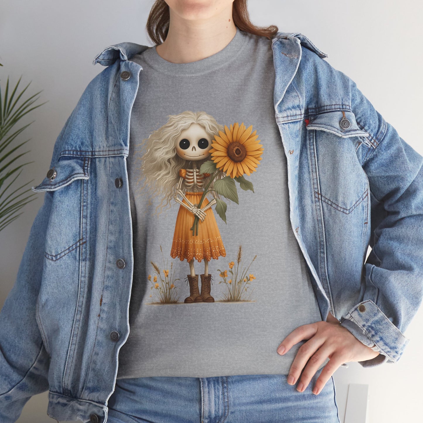 Sunflower Gothic Girl Unisex Cotton Tee, Boho T-Shirt, Gift for Autumn, Casual Wear, Harvest Festival Top, Halloween Shirt
