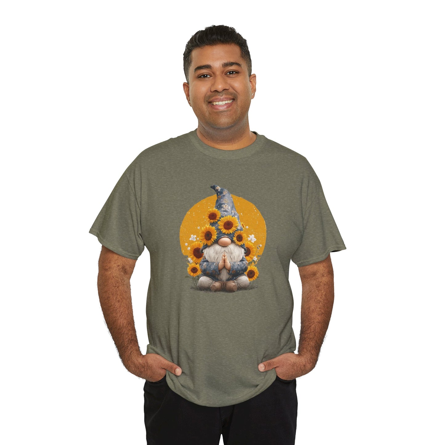 Sunflower and Yoga Gnome Unisex Heavy Cotton Tee - Boho Style, Eco-Friendly Apparel, Casual Wear, Unique Art Tee