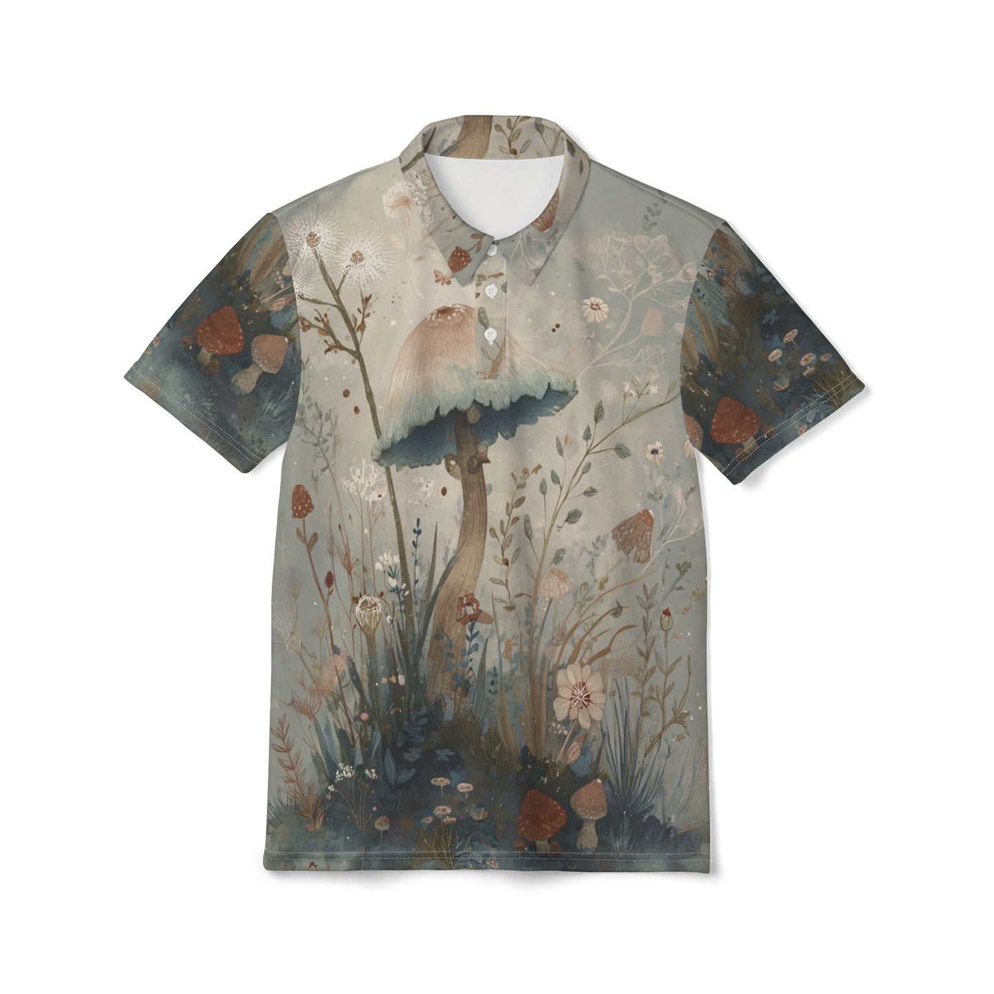 Boho Mushroom Polo Shirt - Artistic Floral Design, Unisex Polo, Summer Casual Wear, Garden Party Shirt, Eco-Friendly Fashion