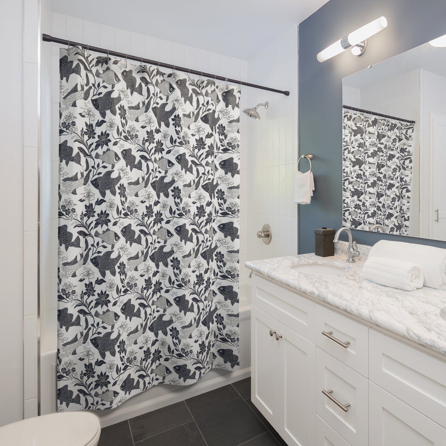 Elegant Floral Fish Shower Curtain - Stylish Bathroom Decor, Home Accessories, Unique Gifts, Nautical Theme, Modern Design