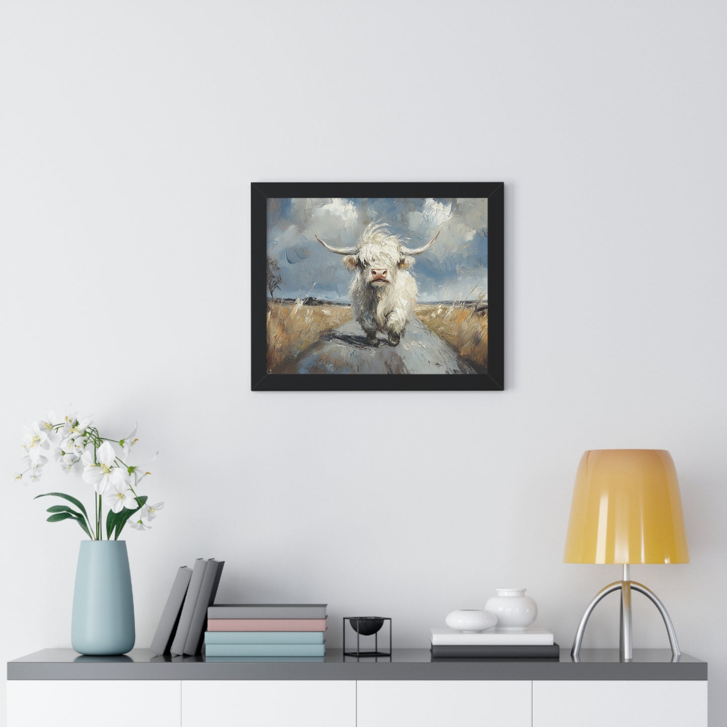 Poster - Cute White Highland Cow Running Down Road Escapee