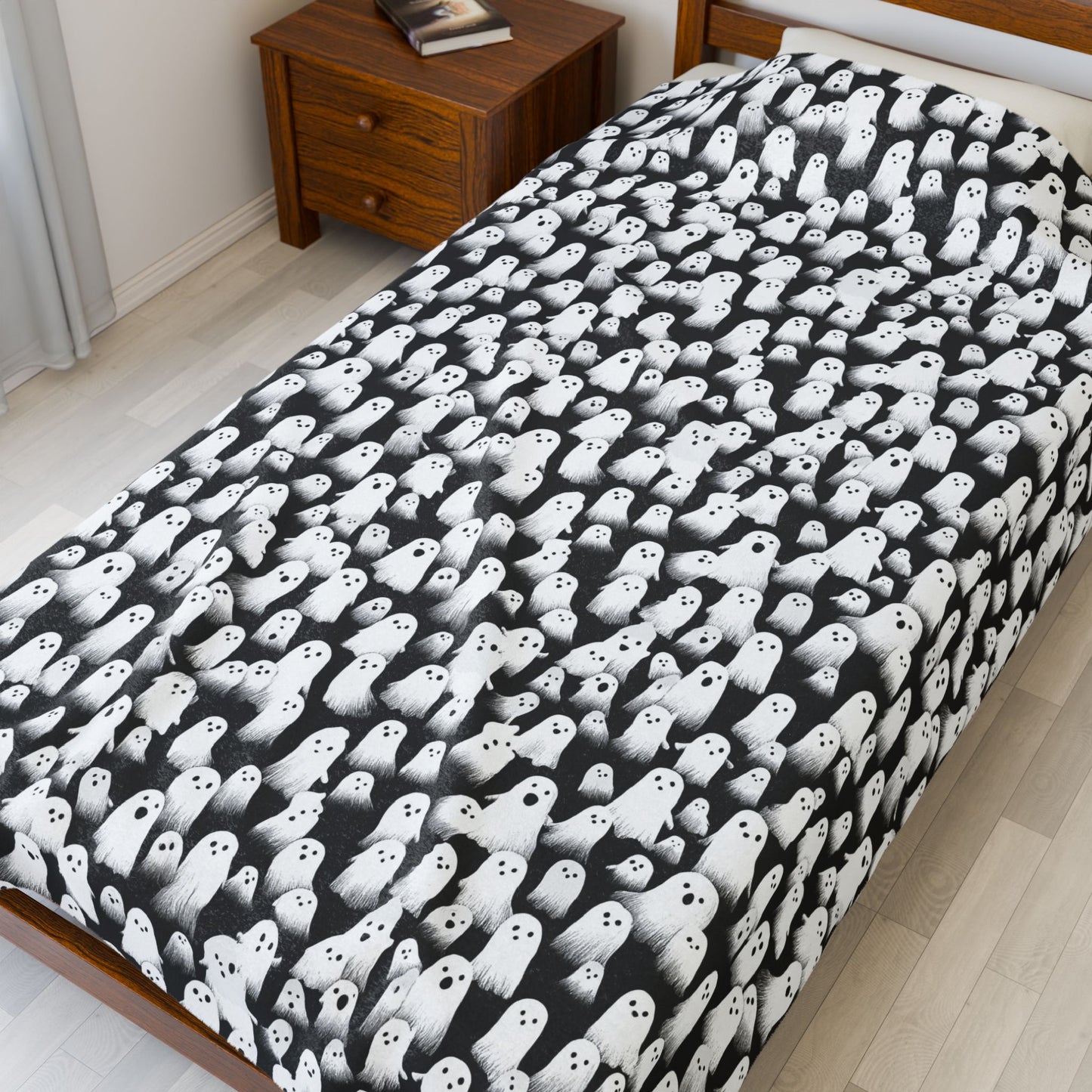 Ghostly Velveteen Plush Blanket for Cozy Nights, Halloween Decor, Gift Idea, Soft Throw Blanket, Living Room Accessory