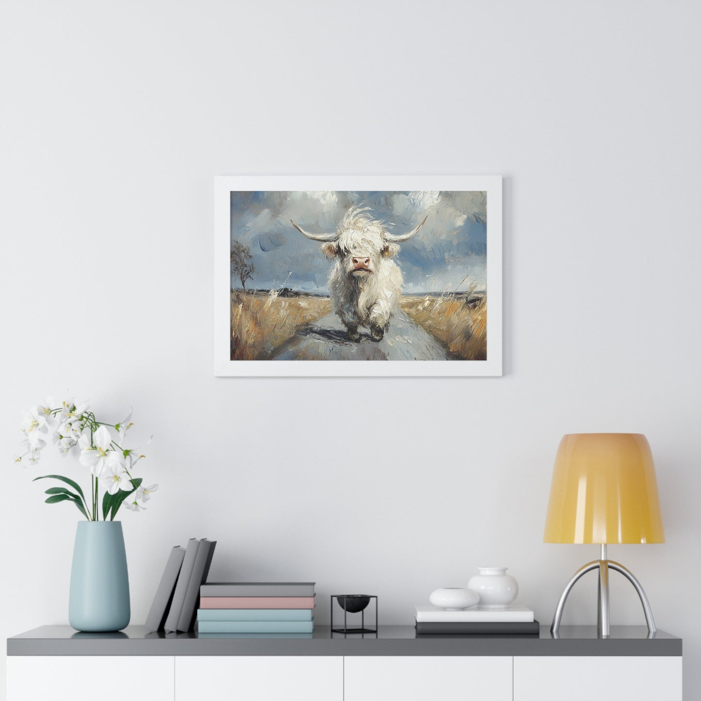 Poster - Cute White Highland Cow Running Down Road Escapee