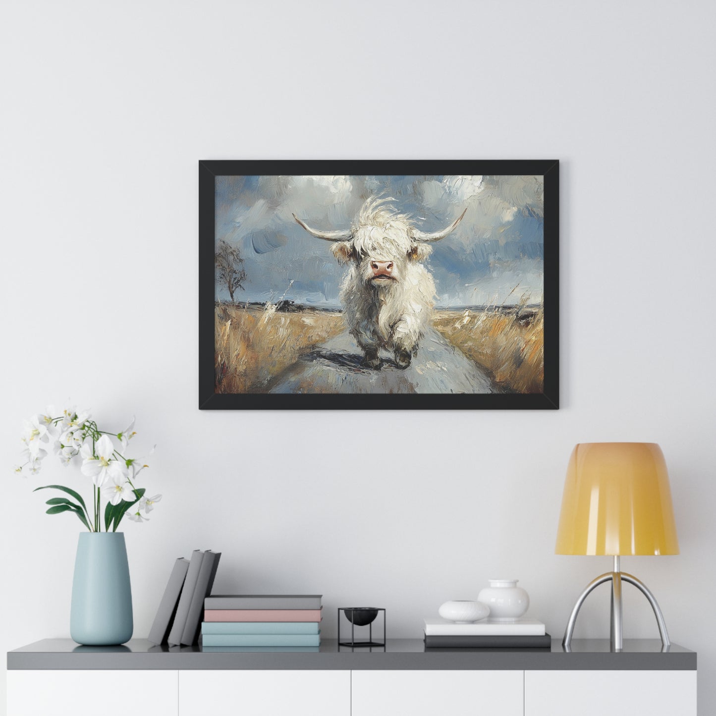 Poster - Cute White Highland Cow Running Down Road Escapee