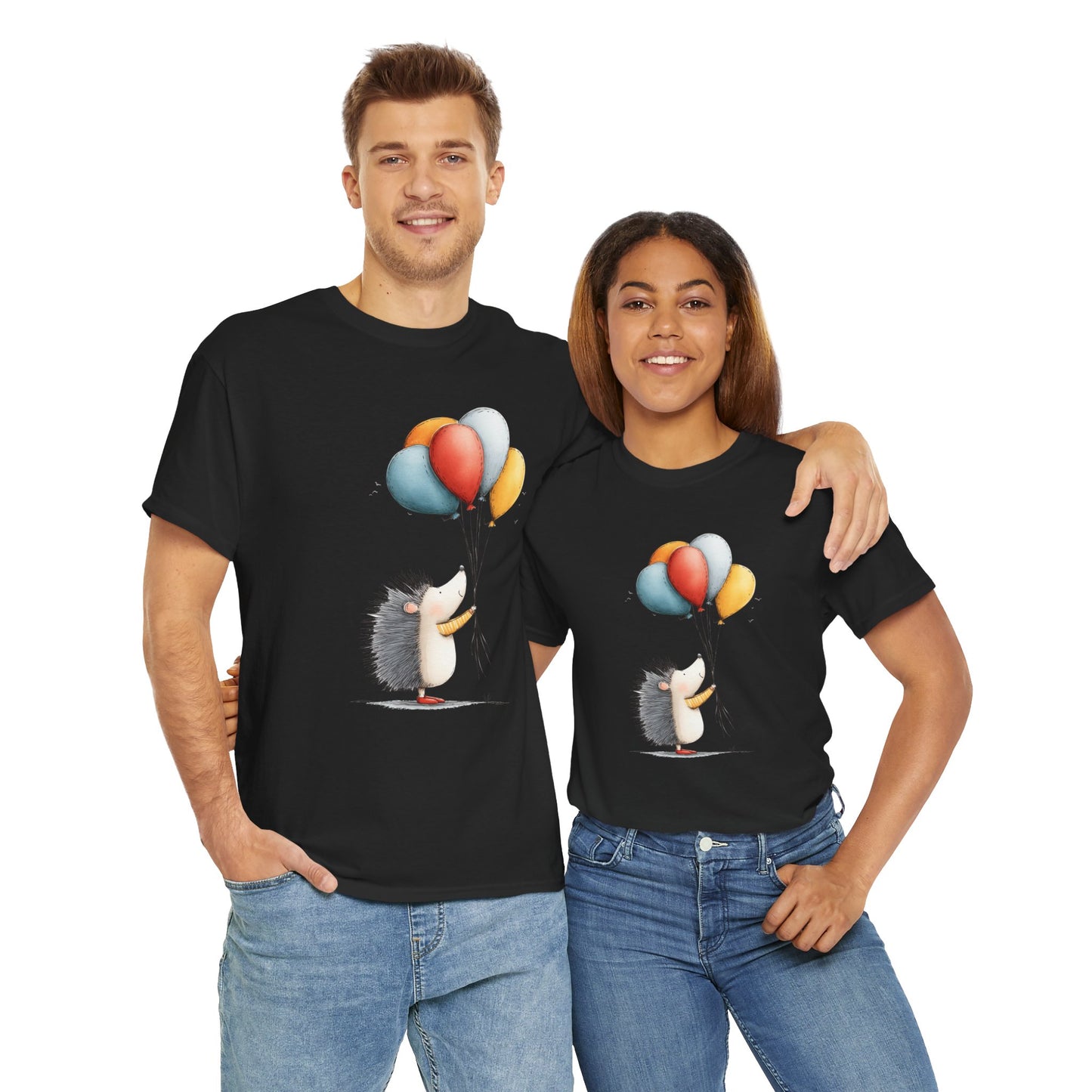Adorable Hedgehog Balloon Tee, Cute Animal T-Shirt, Unisex Casual Wear, Birthday Gift, Fun Graphic Top