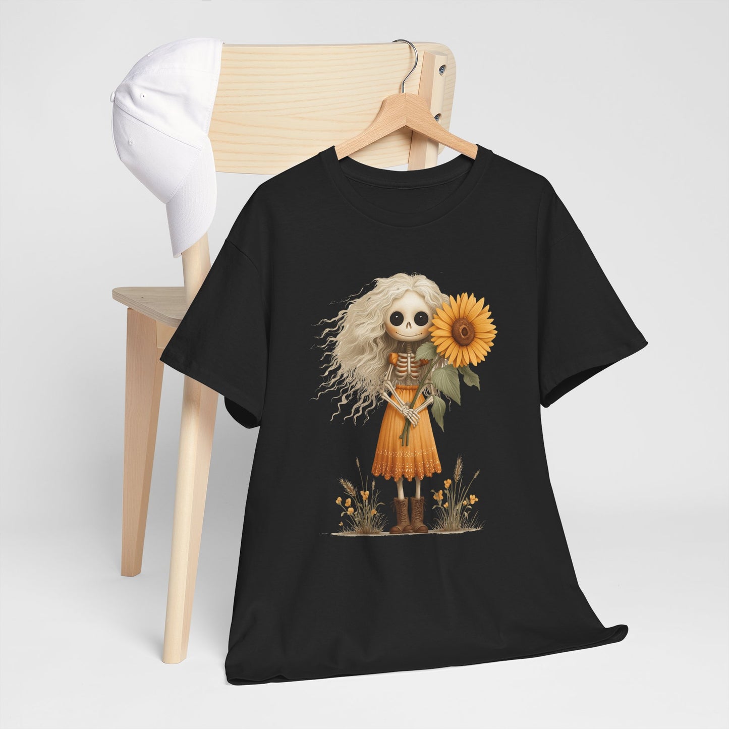 Sunflower Gothic Girl Unisex Cotton Tee, Boho T-Shirt, Gift for Autumn, Casual Wear, Harvest Festival Top, Halloween Shirt