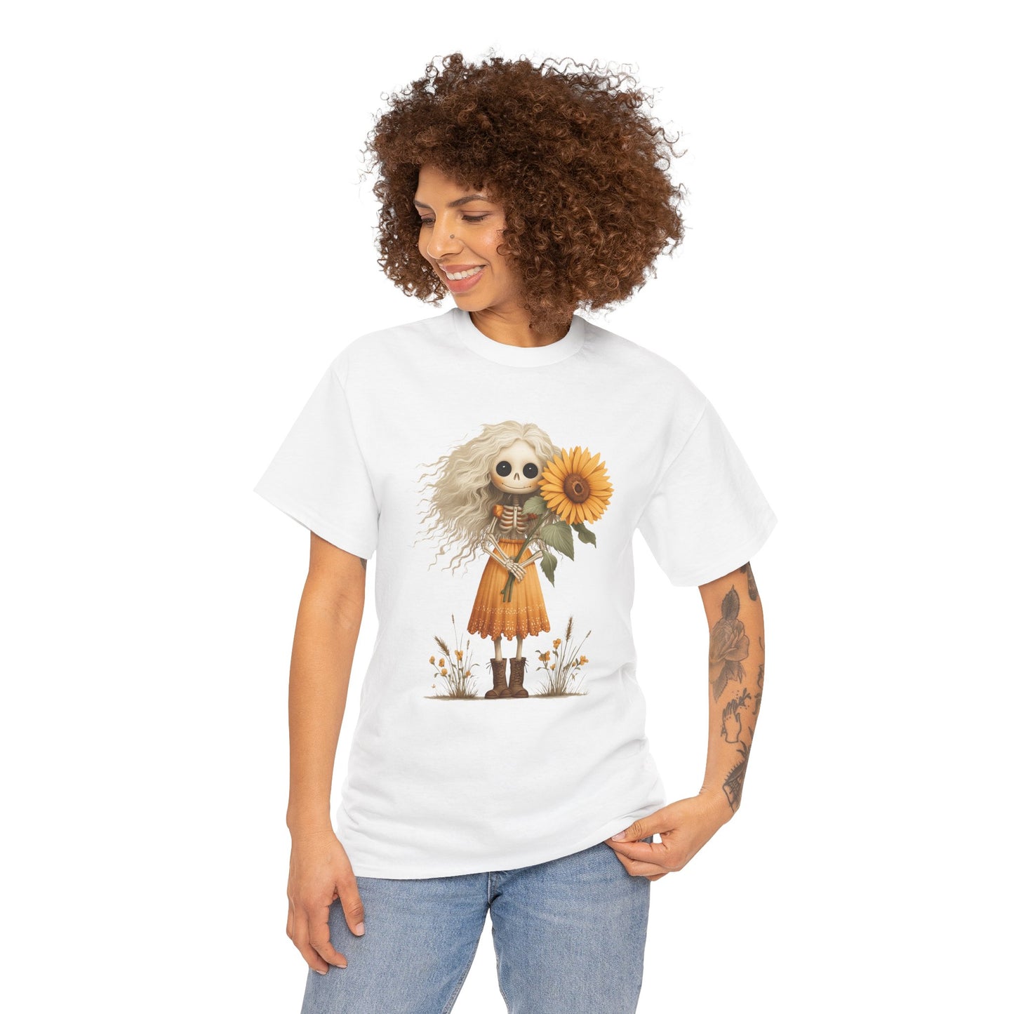 Sunflower Gothic Girl Unisex Cotton Tee, Boho T-Shirt, Gift for Autumn, Casual Wear, Harvest Festival Top, Halloween Shirt