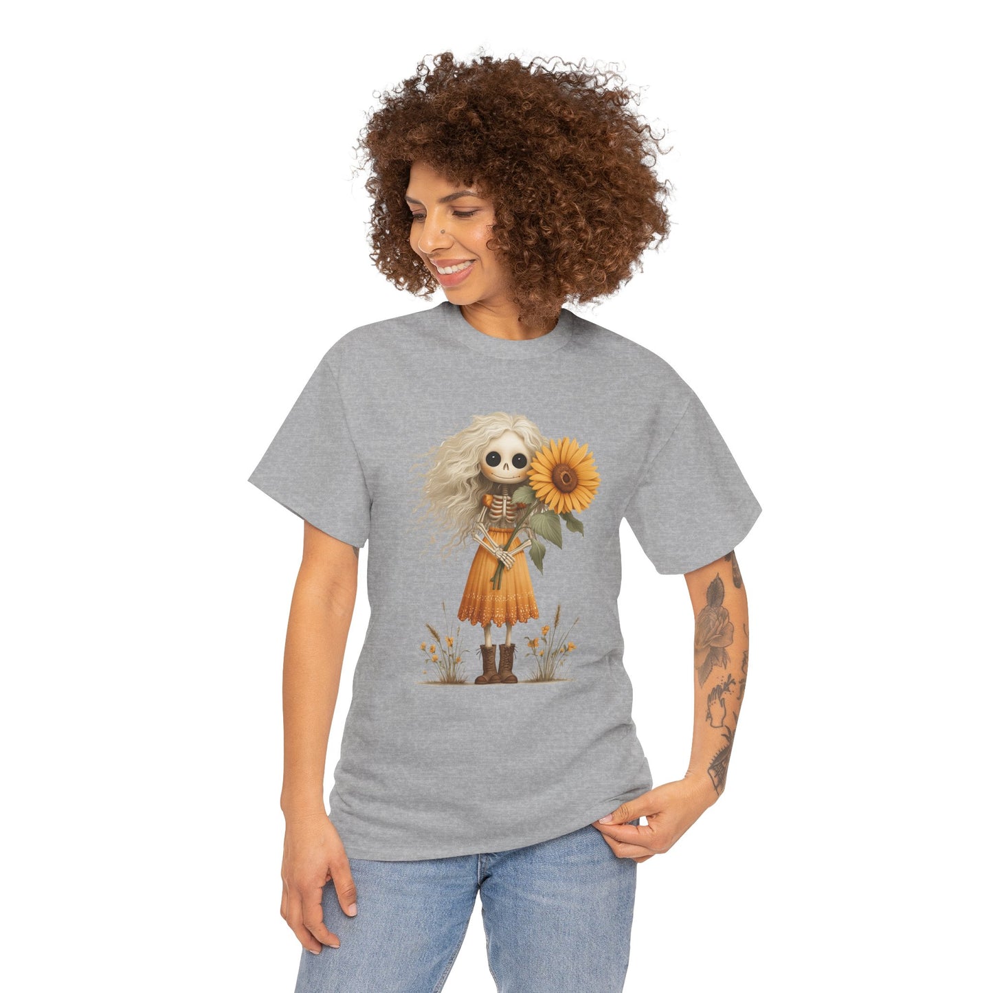 Sunflower Gothic Girl Unisex Cotton Tee, Boho T-Shirt, Gift for Autumn, Casual Wear, Harvest Festival Top, Halloween Shirt