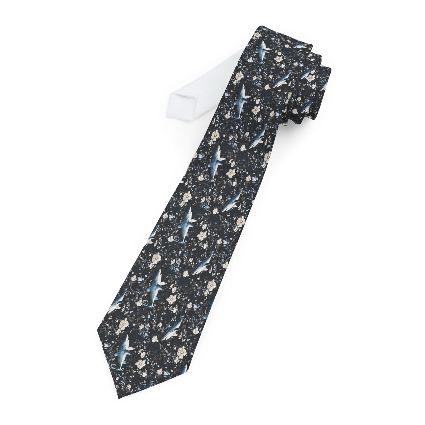 Blue Floral Sharks on Black Background Necktie | Unique Gift for Men | Office Wear, Formal Events, Weddings
