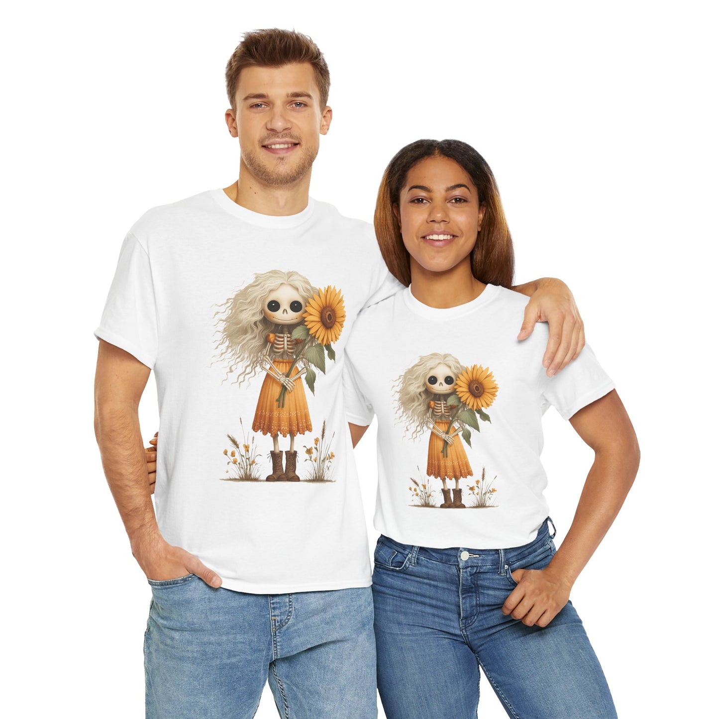 Sunflower Gothic Girl Unisex Cotton Tee, Boho T-Shirt, Gift for Autumn, Casual Wear, Harvest Festival Top, Halloween Shirt
