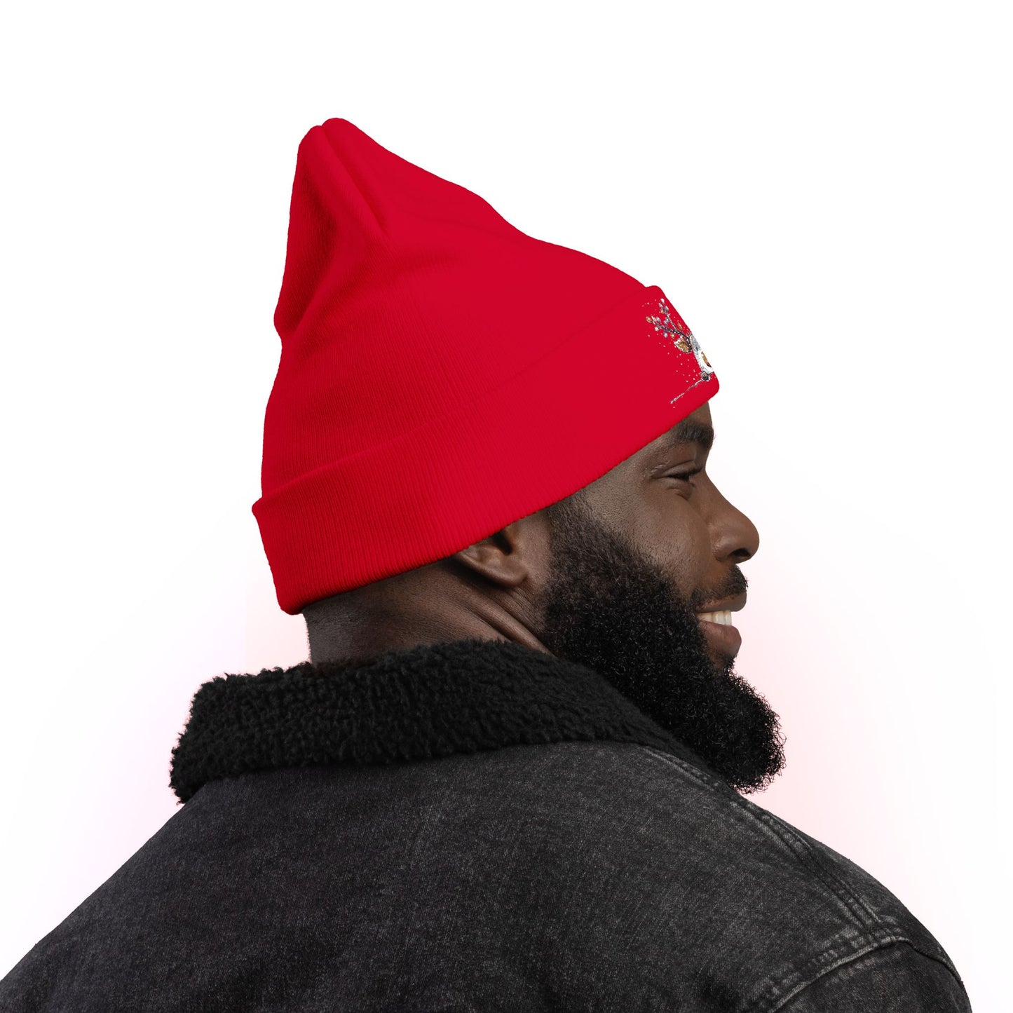 Beanie Hat - Peeking Rudolf with Christmas Lights Embroidered