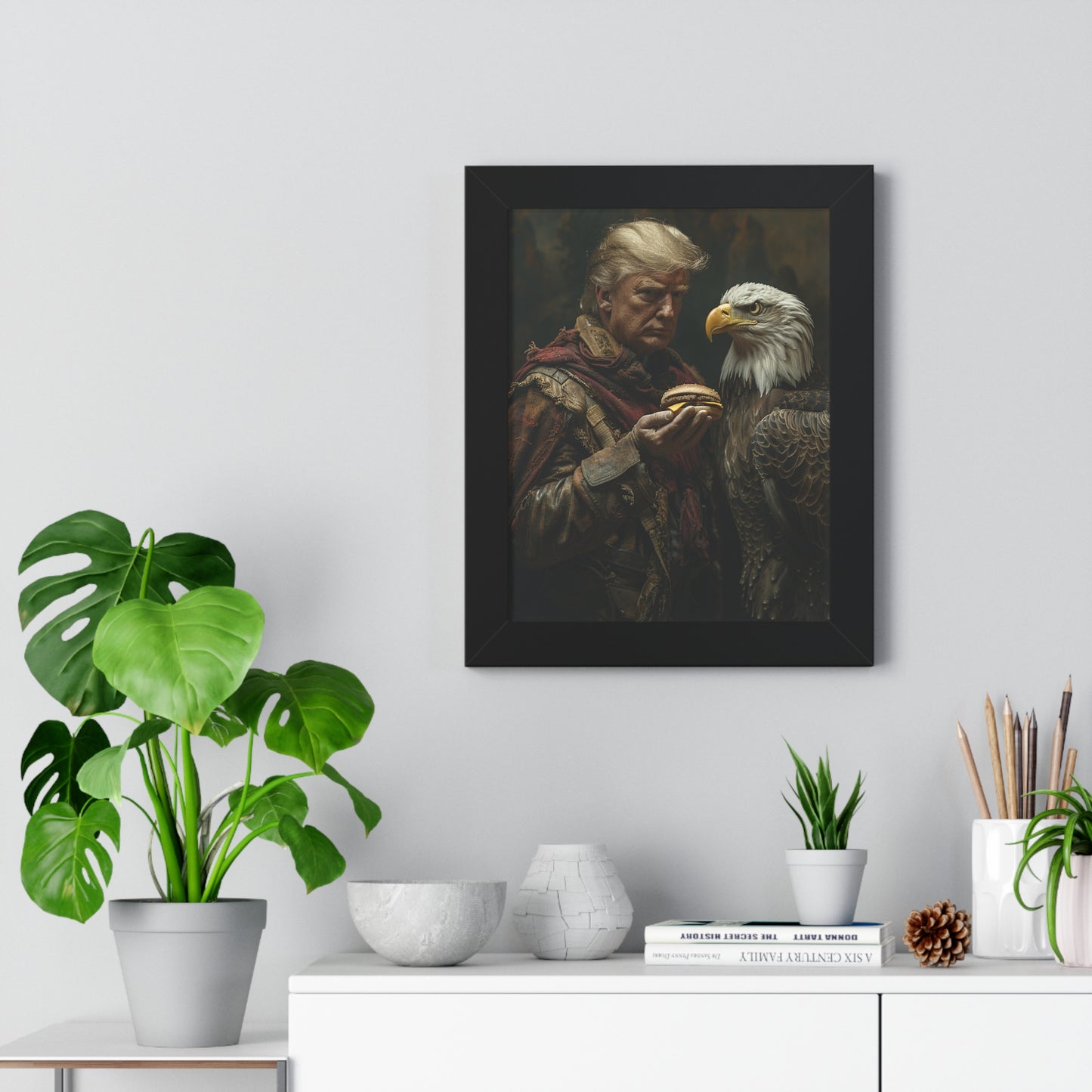 Donald Trump Framed Vertical Poster - Patriotic Wall Art, American Decor, Unique Gift, Home Office Decor, Eagle & Burger Design