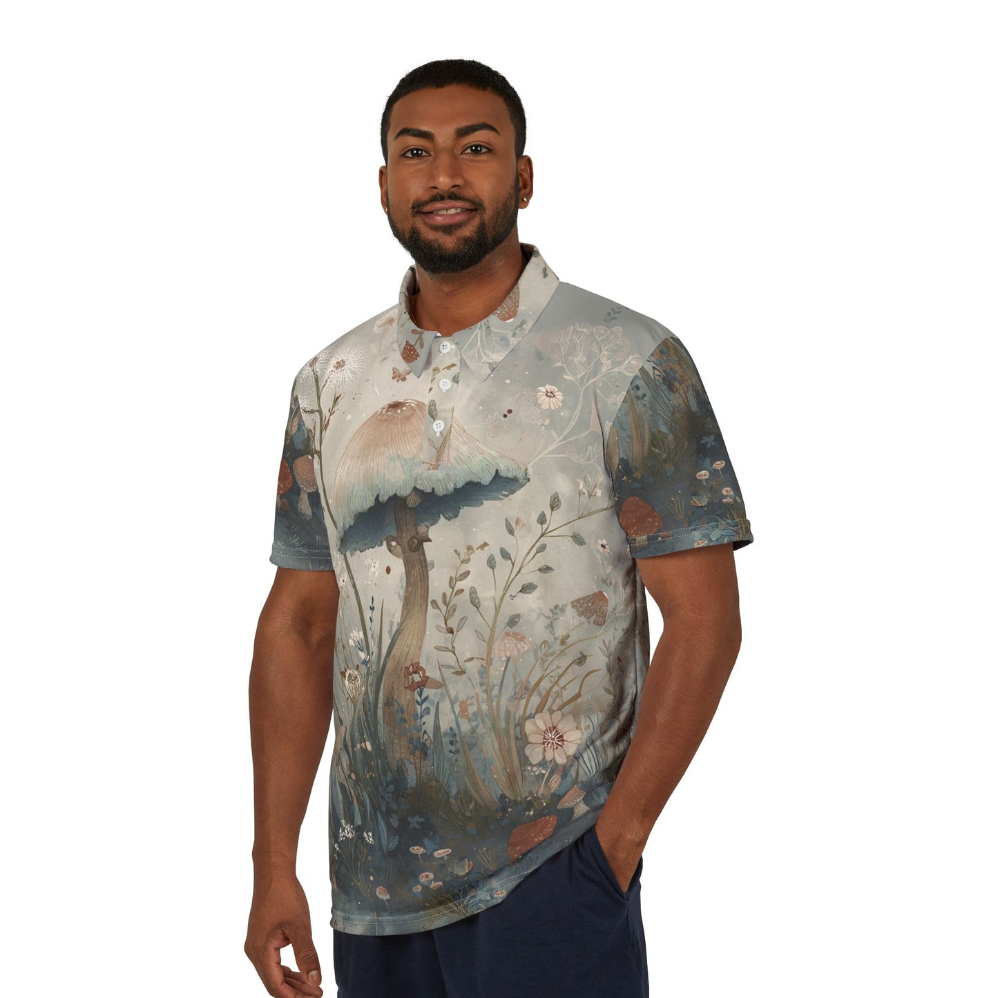 Boho Mushroom Polo Shirt - Artistic Floral Design, Unisex Polo, Summer Casual Wear, Garden Party Shirt, Eco-Friendly Fashion