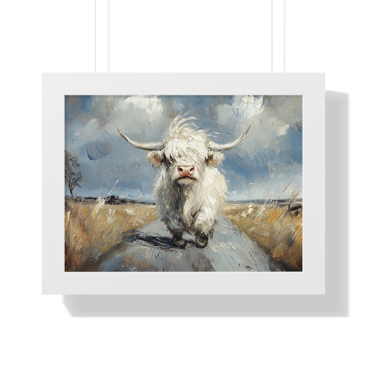 Poster - Cute White Highland Cow Running Down Road Escapee