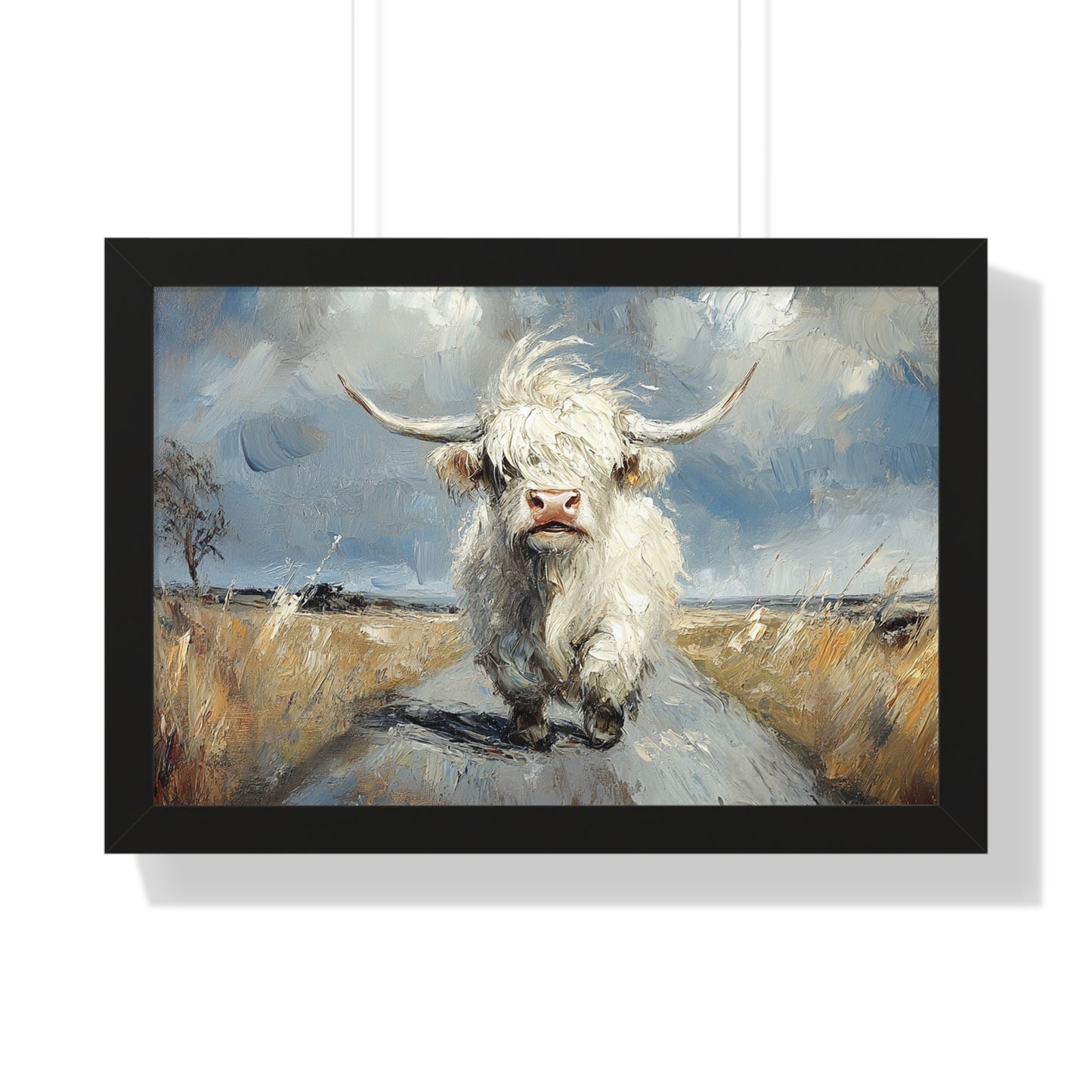 Poster - Cute White Highland Cow Running Down Road Escapee