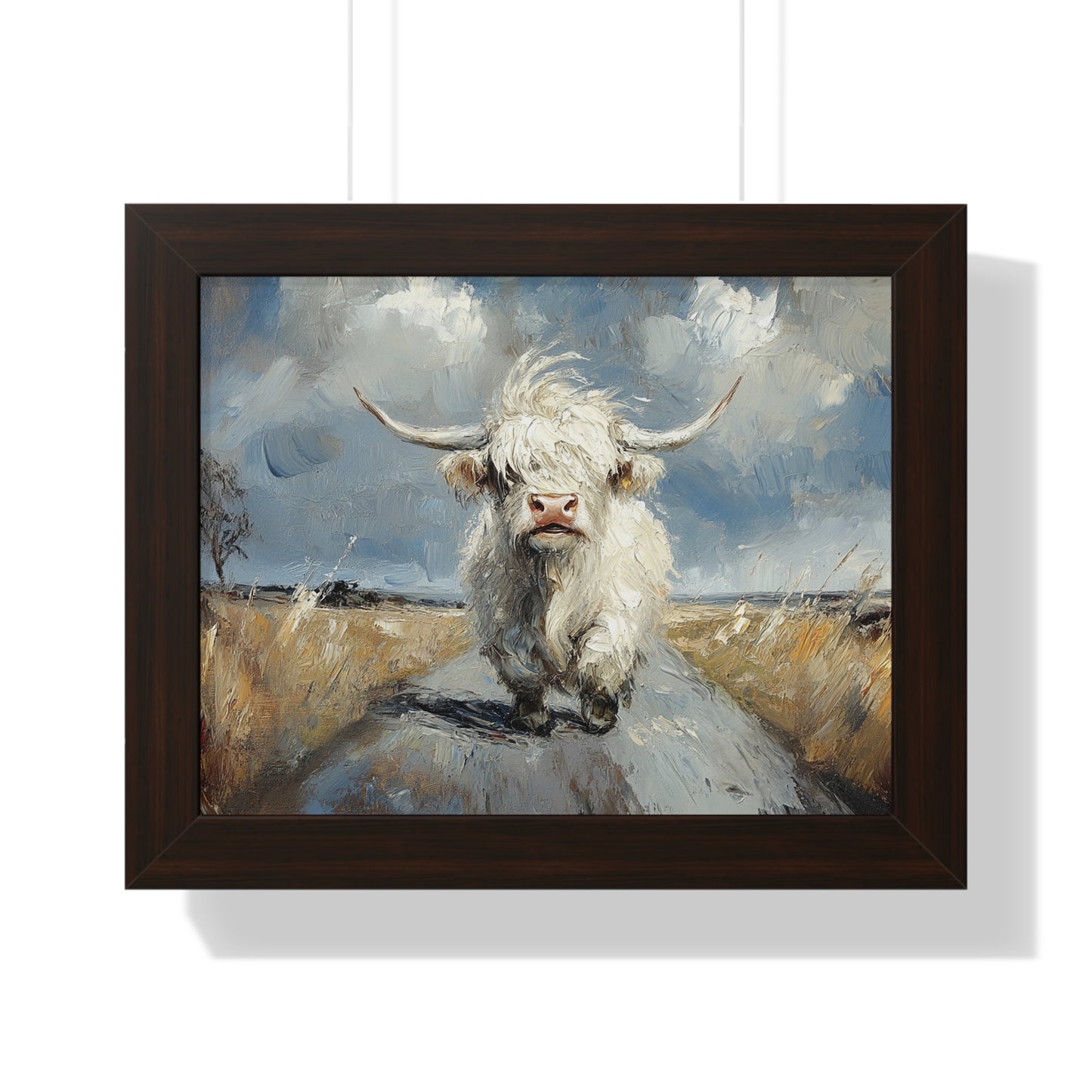 Poster - Cute White Highland Cow Running Down Road Escapee