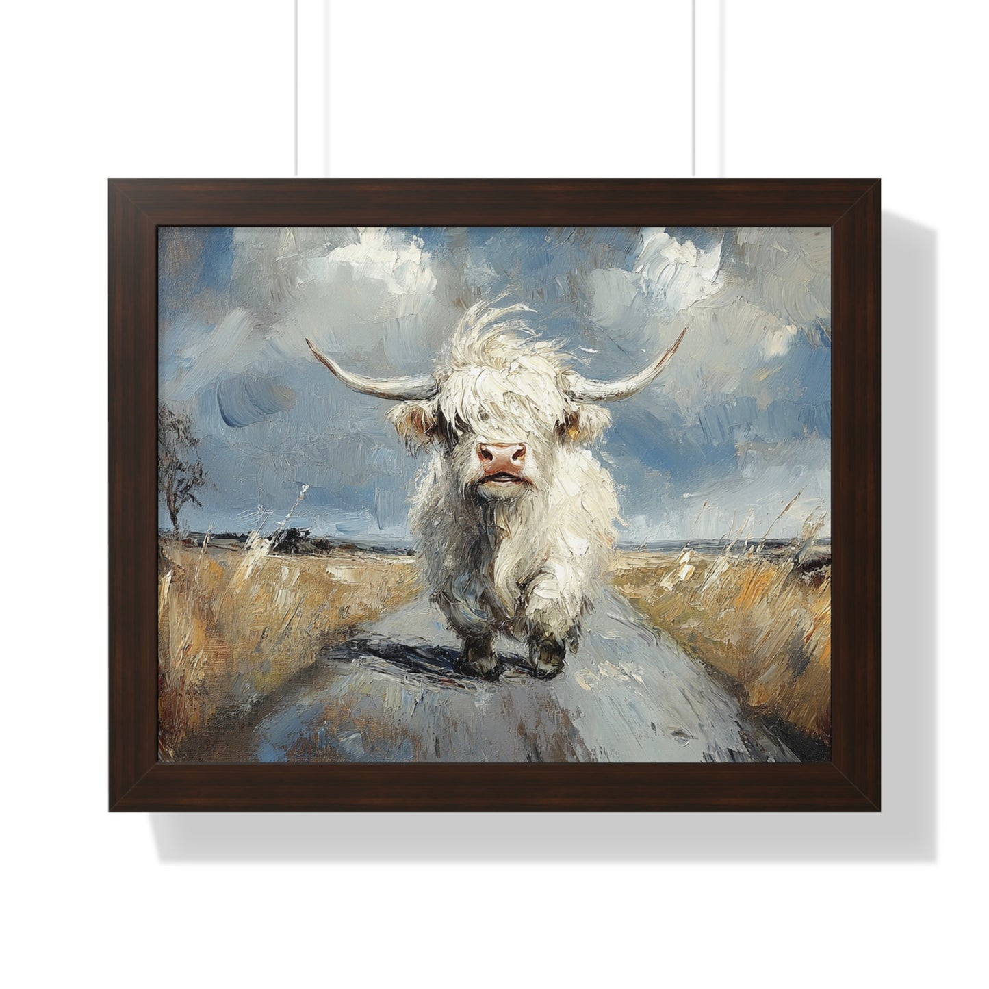 Poster - Cute White Highland Cow Running Down Road Escapee
