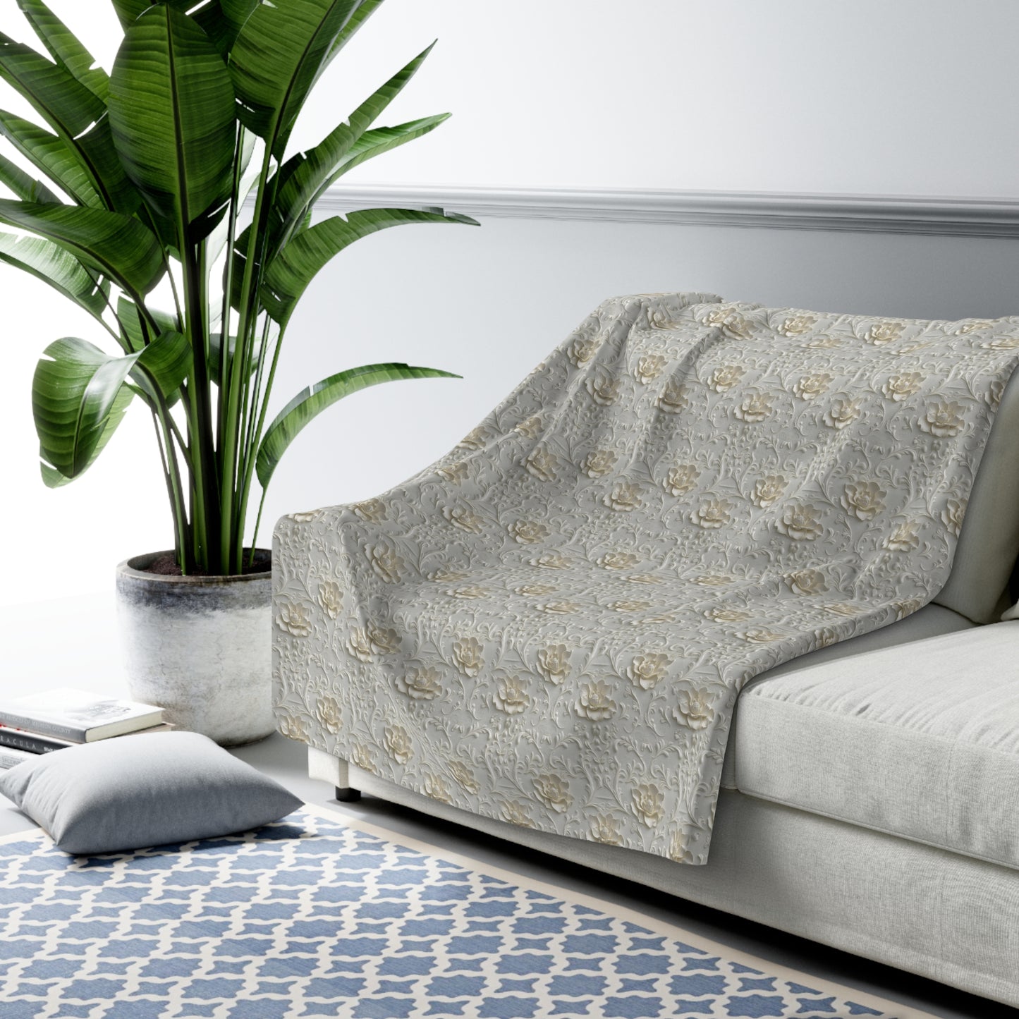 Sherpa Fleece Blanket - Wedding Pattern Silky White Yellow Hints