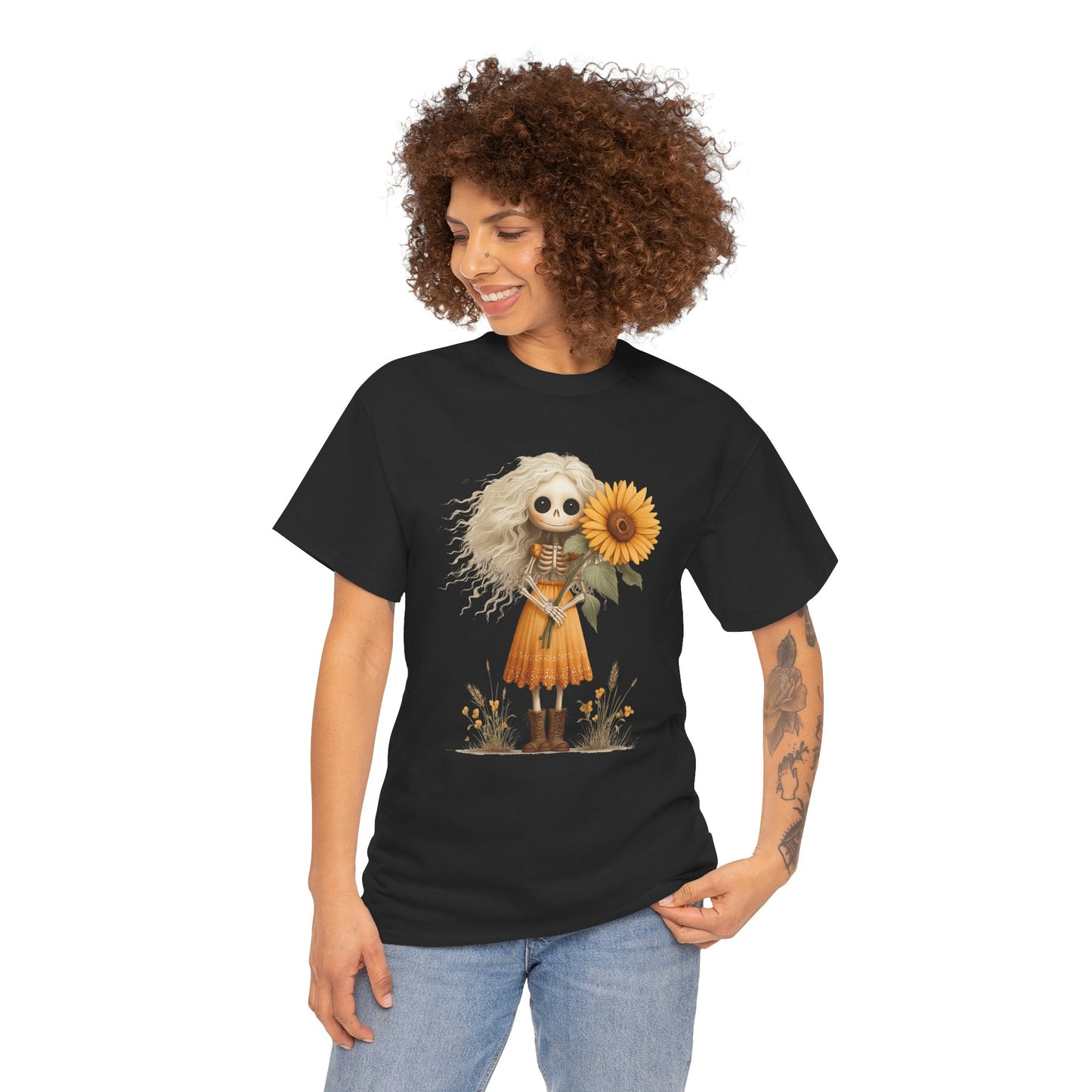 Sunflower Gothic Girl Unisex Cotton Tee, Boho T-Shirt, Gift for Autumn, Casual Wear, Harvest Festival Top, Halloween Shirt